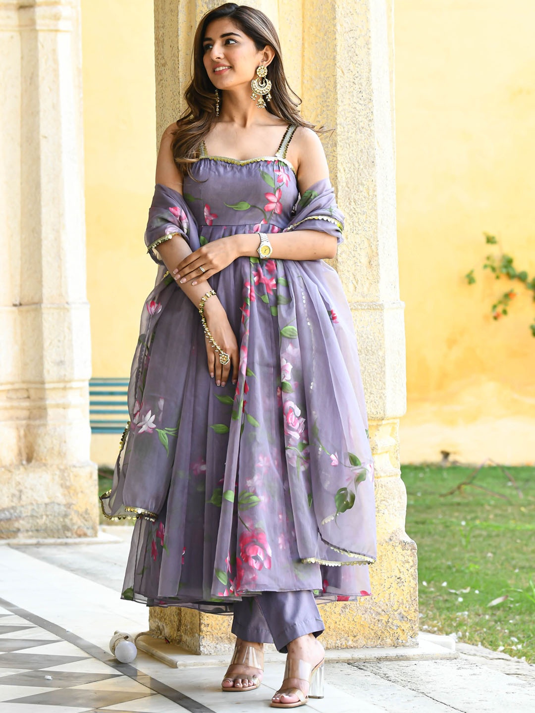 

Bunaai Floral Printed Anarkali Kurta with Trousers & Dupatta, Grey