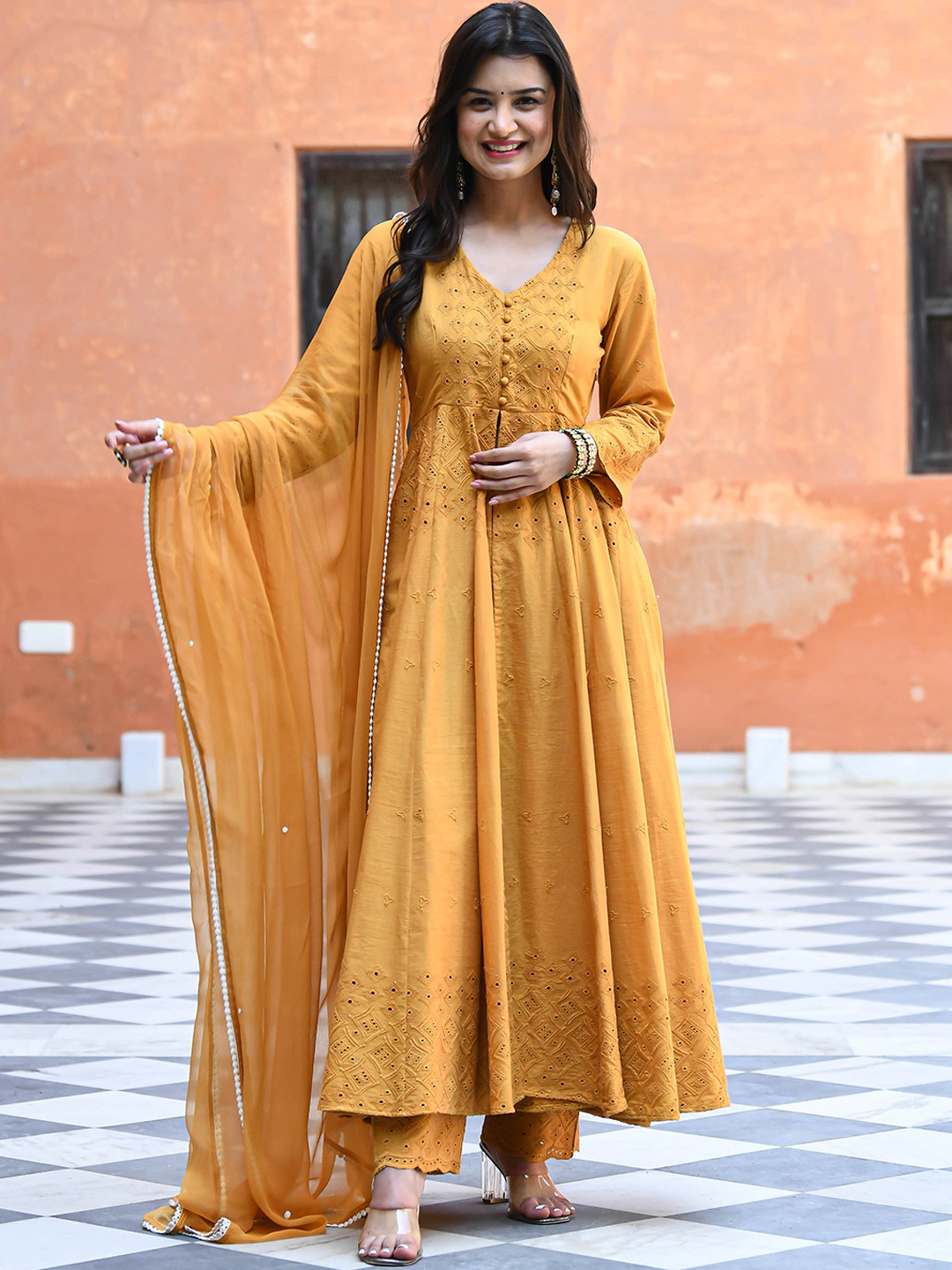 

Bunaai High Slit Schiffli Anarkali Pure Cotton Kurta with Trousers & Dupatta, Mustard