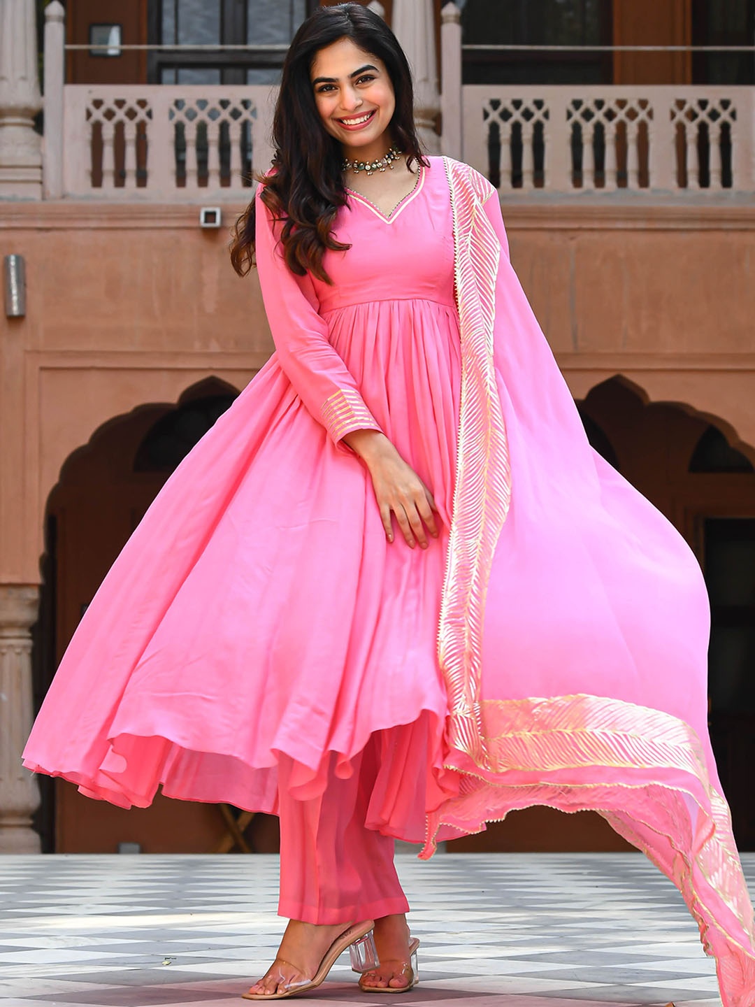 

Bunaai Gotta Patti Empire Anarkali Kurta with Trousers & Dupatta, Pink