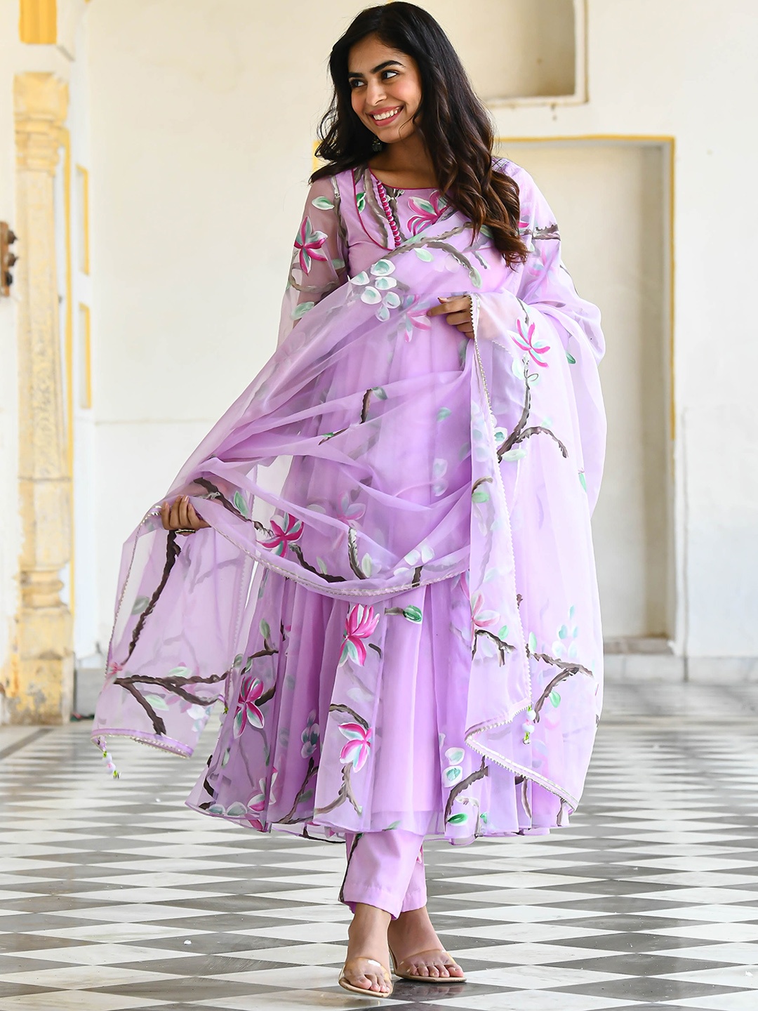 

Bunaai Floral Printed Anarkali Kurta with Trousers & Dupatta, Lavender