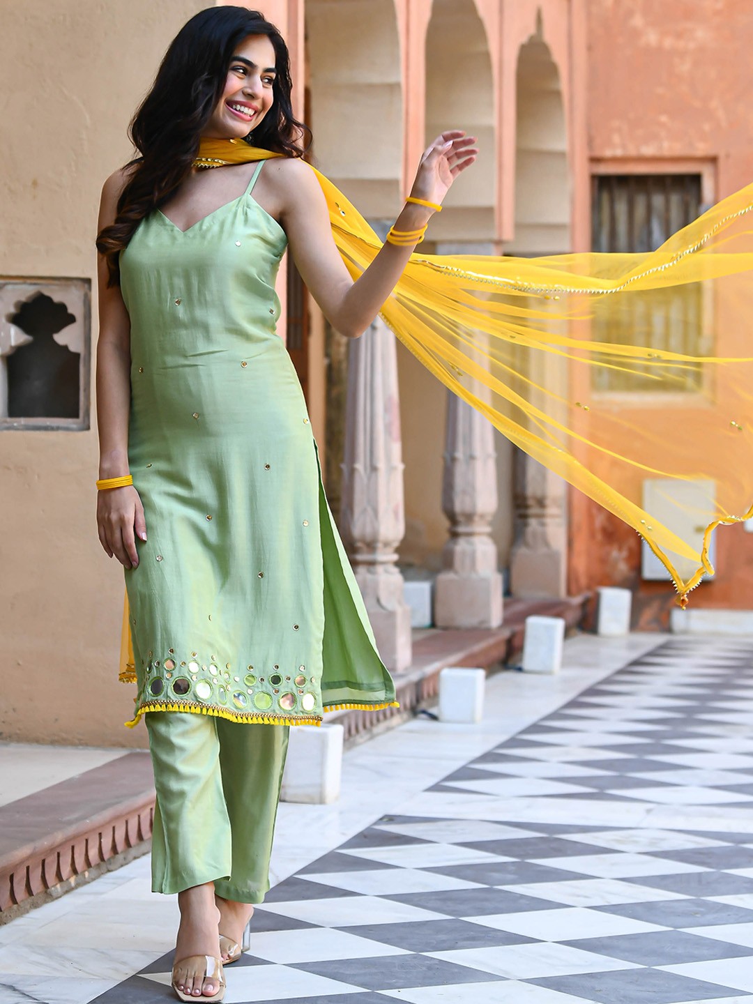 

Bunaai Gotta Patti Mirror Work Kurta with Trousers & Dupatta, Green