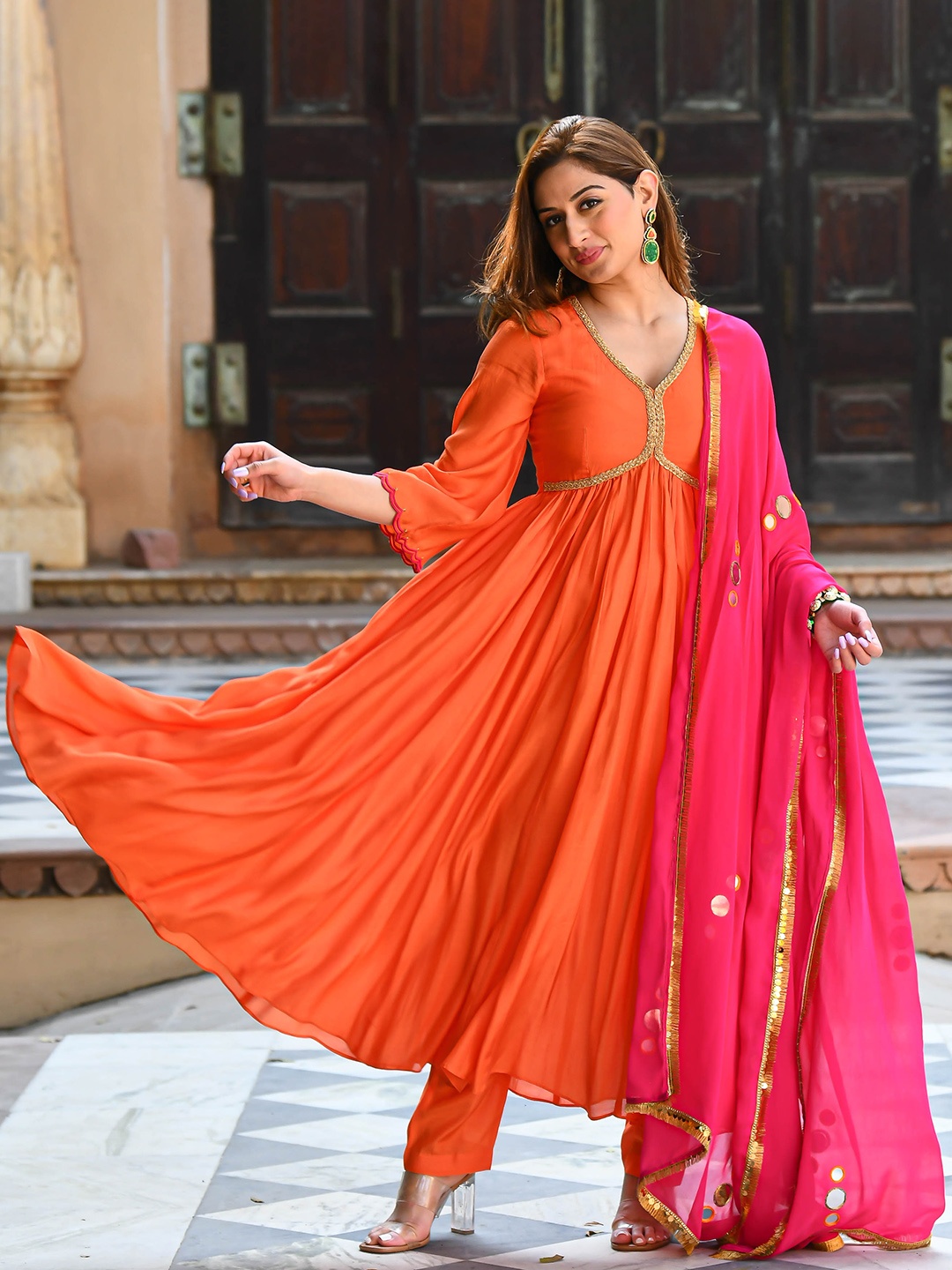 

Bunaai Gotta Patti Anarkali Pleated Kurta with Trousers & Dupatta, Orange