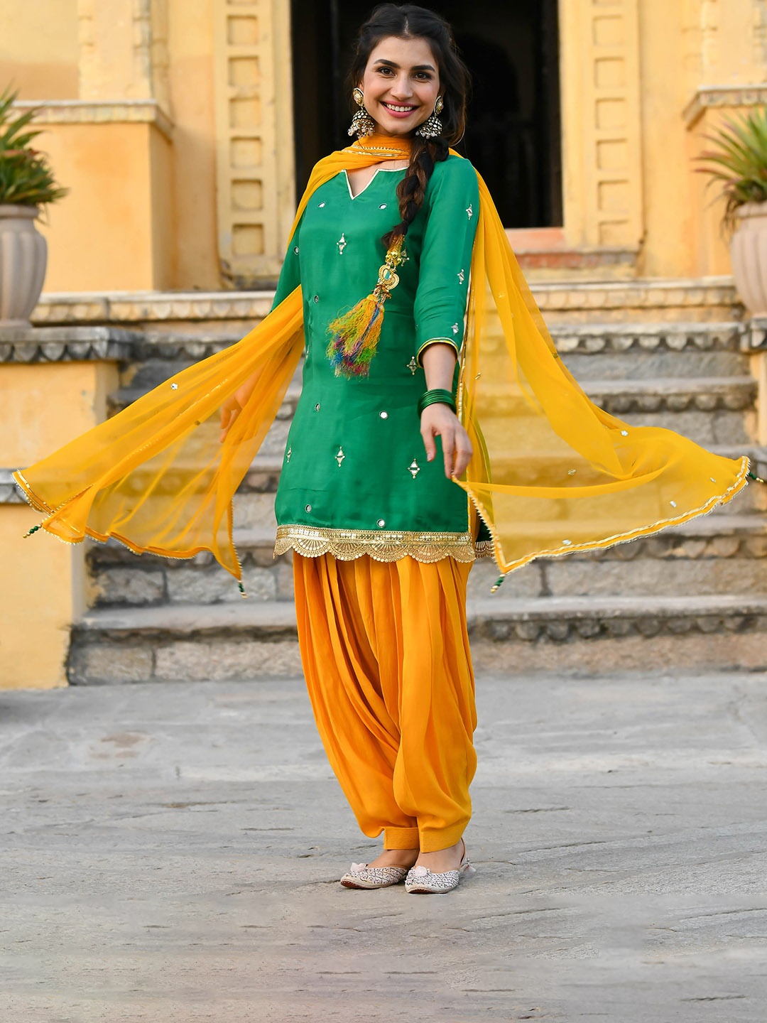 

Bunaai Mirror Work Gotta Patti Kurti with Patiala & Dupatta, Green