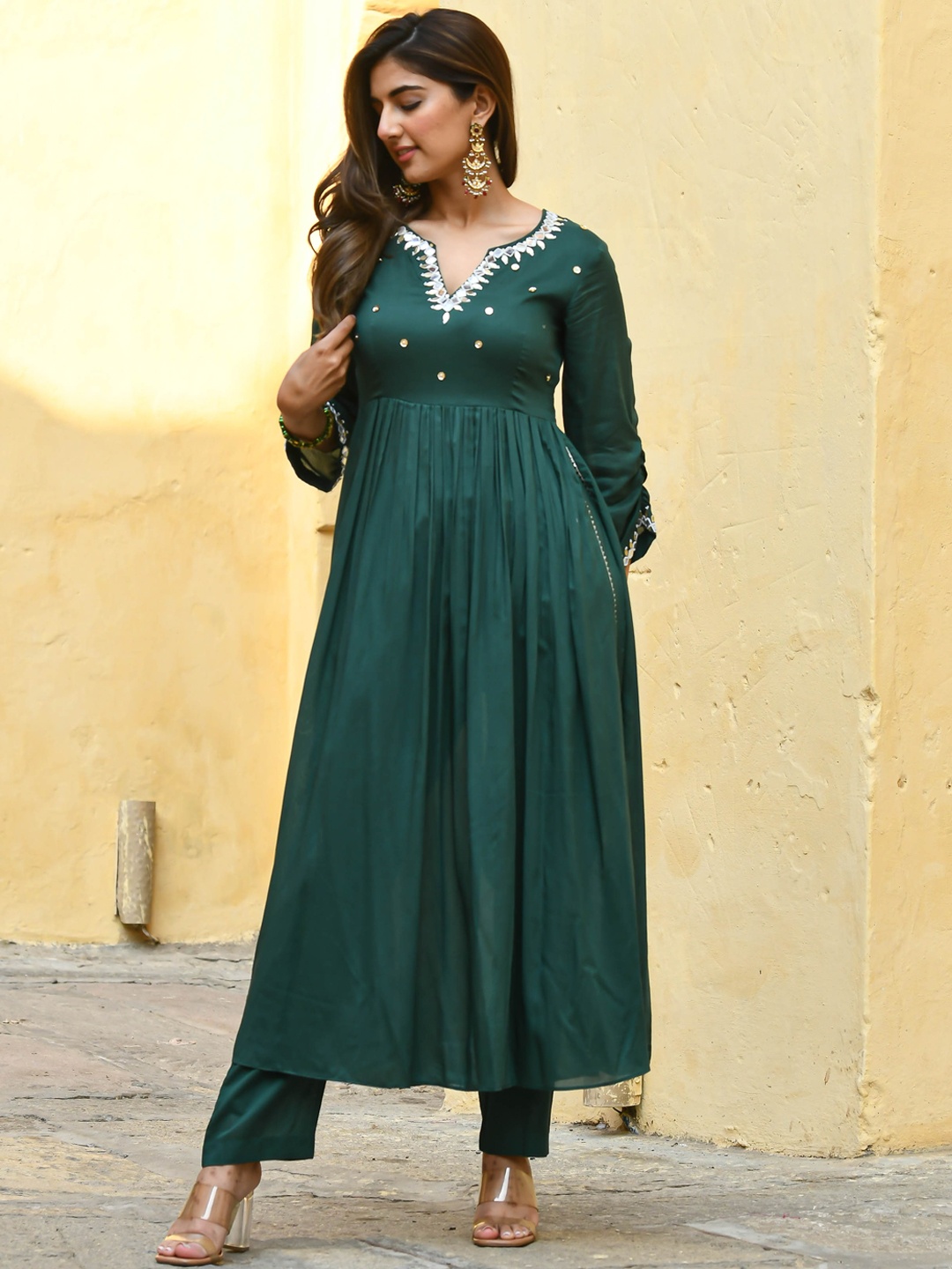 

Bunaai Mirror Work Gotta Patti Anarkali Kurta with Trousers, Green