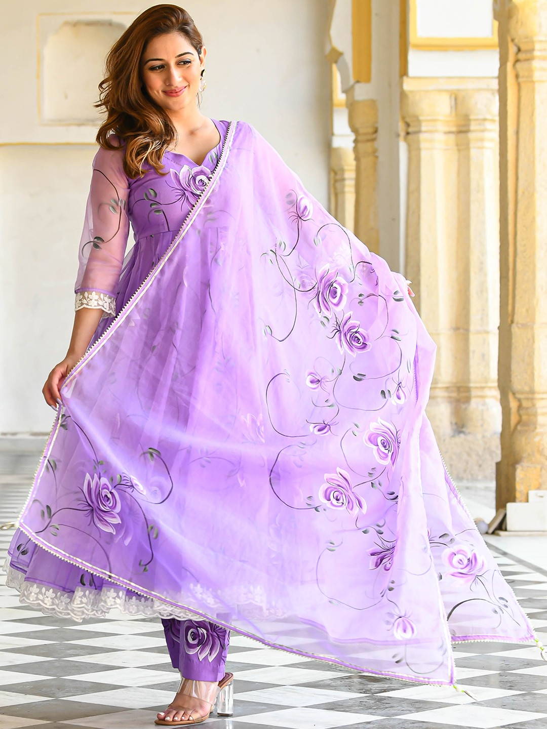 

Bunaai Floral Printed Anarkali Kurta with Trousers & Dupatta, Lavender