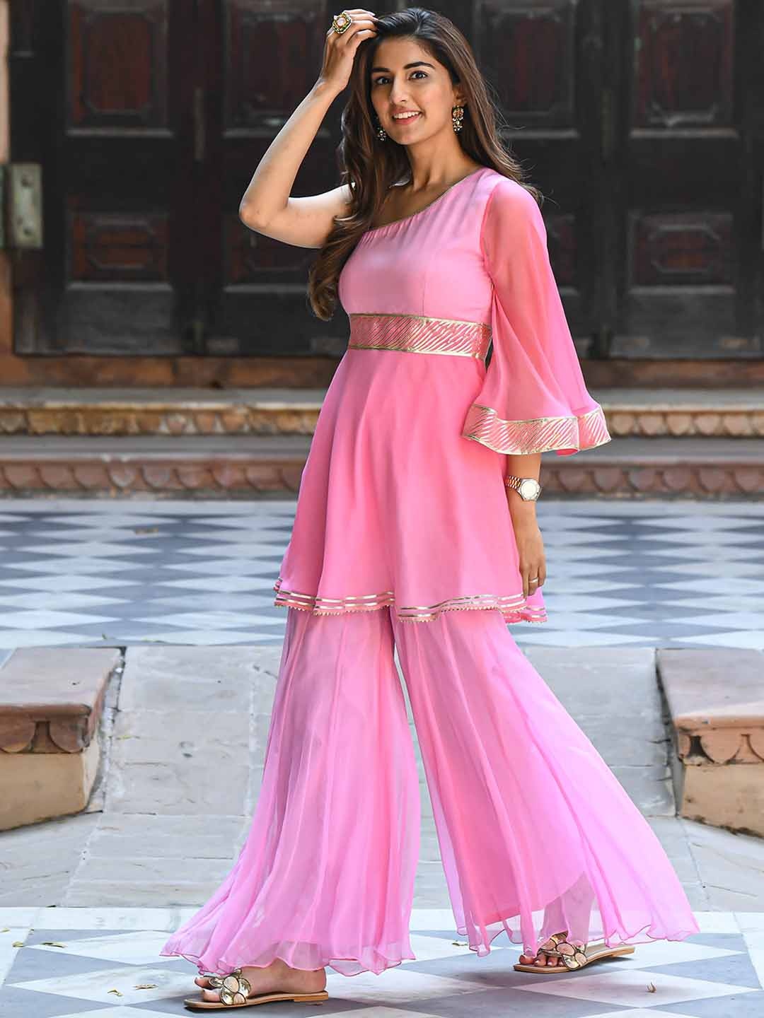 

Bunaai Flared Sleeves Empire Gotta Patti Kurti With Palazzos, Pink