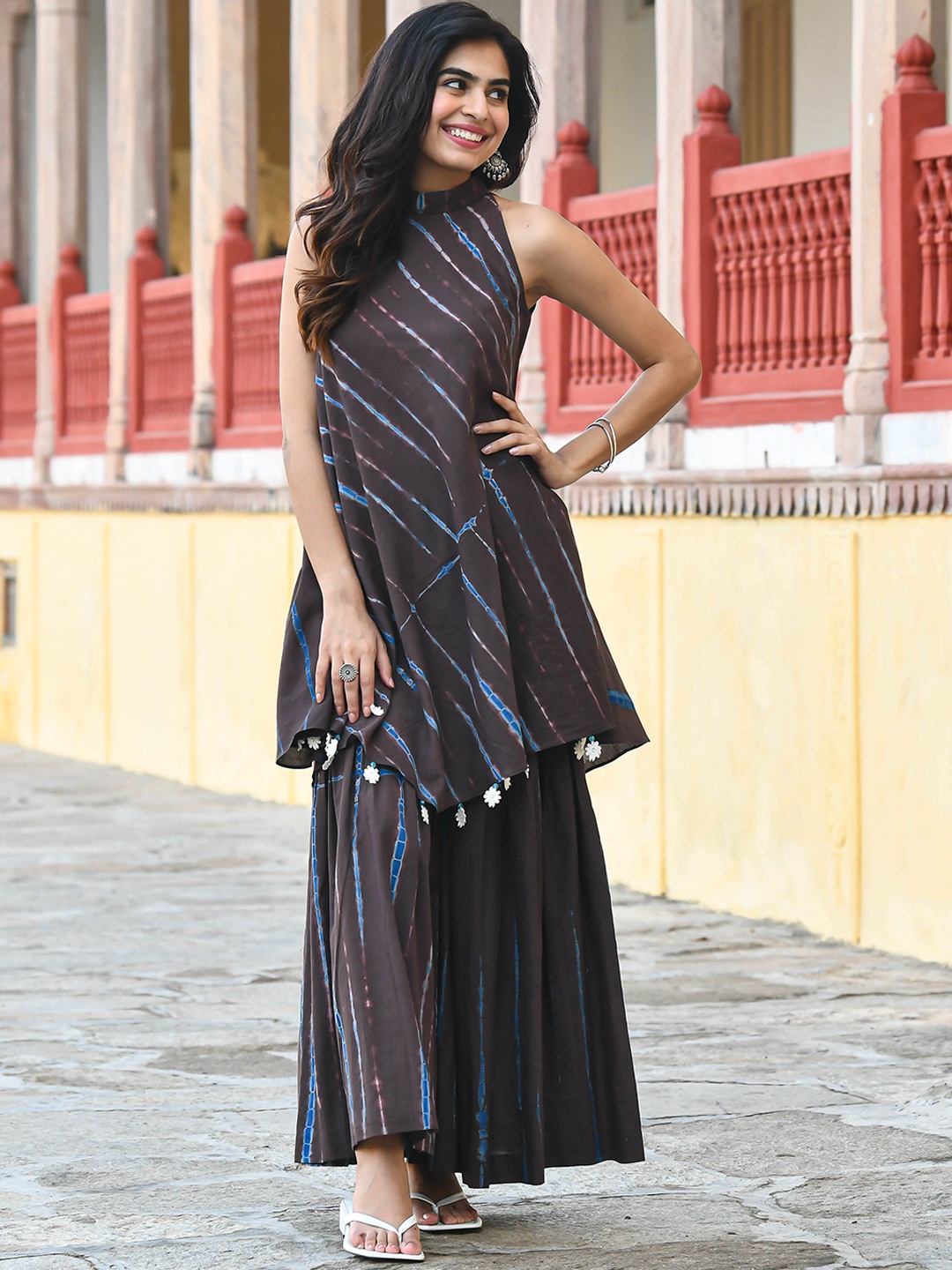 

Bunaai Leheriya Dyed Pure Cotton Kurta With Sharara, Brown