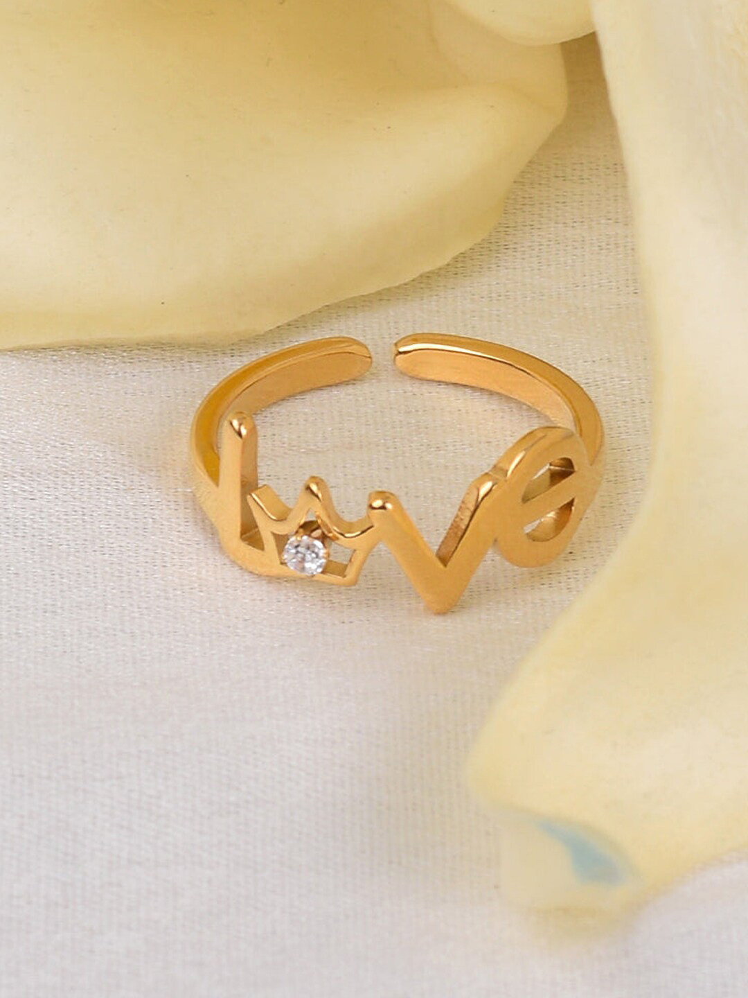 

PALMONAS 18KT Gold-Plated Stone-Studded Love Script Adjustable Ring