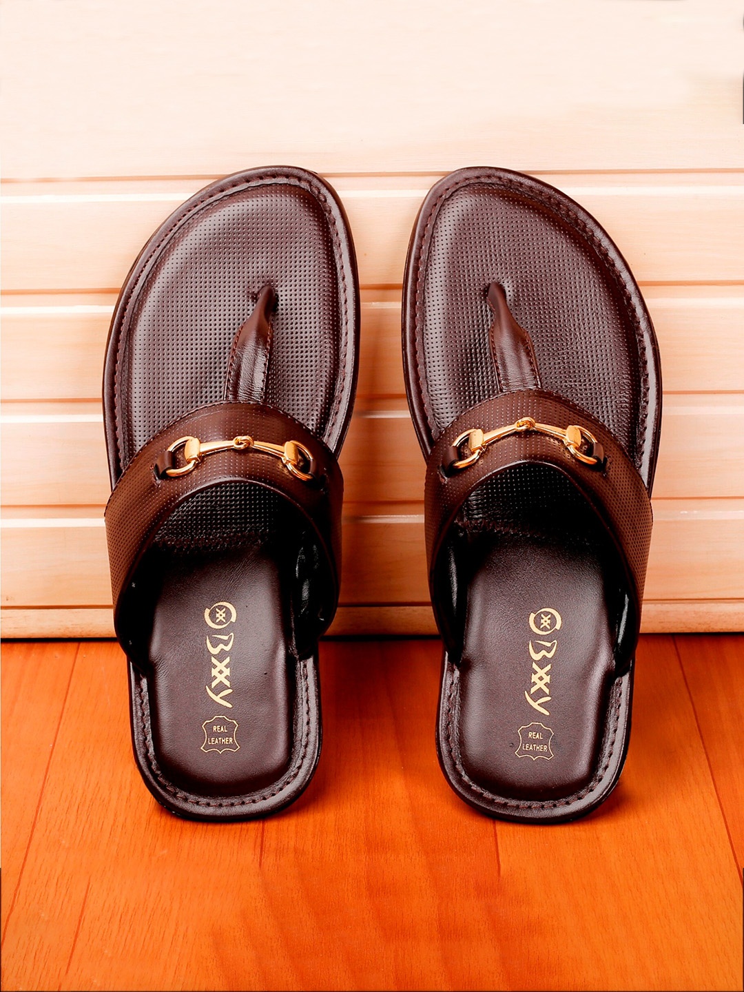 

Bxxy Men Textured T-Strap Flats, Brown
