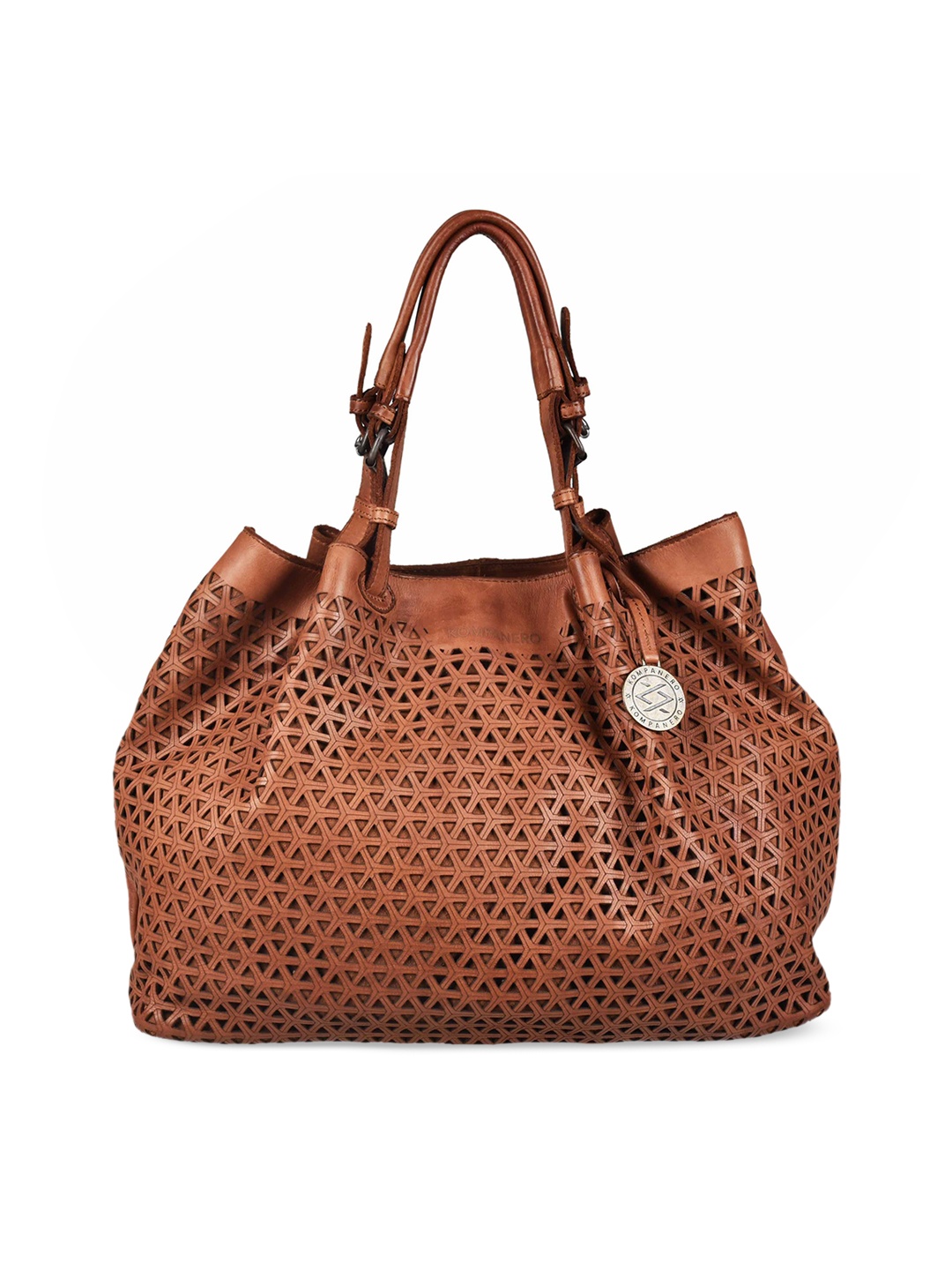 

KOMPANERO Tan Leather Bucket Shoulder Bag with Cut Work