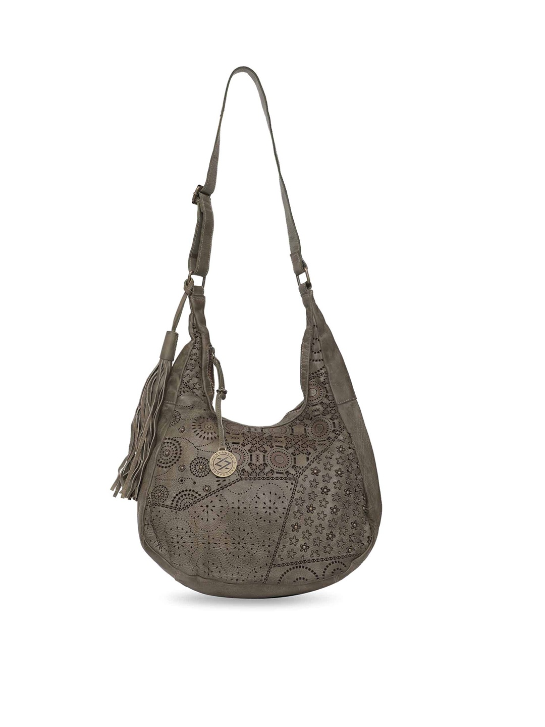 

KOMPANERO Textured Leather Half Moon Hobo Bag With Tasselled, Olive