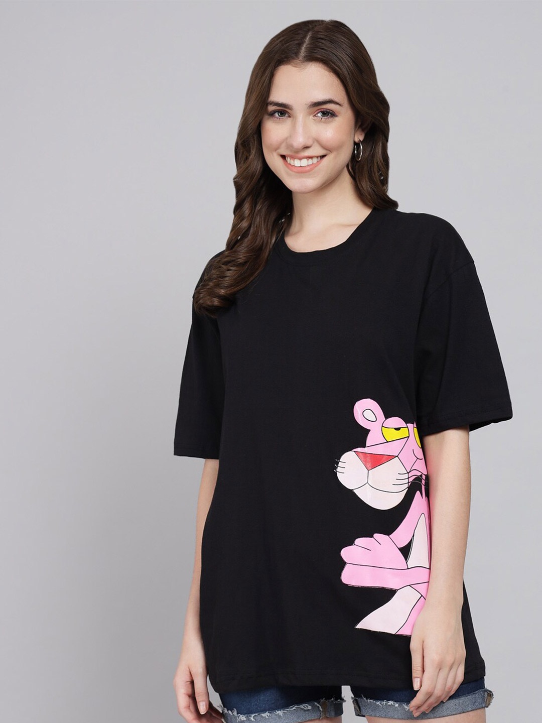 

Funday Fashion Pink Panther Printed Oversized Cotton T-shirt, Black