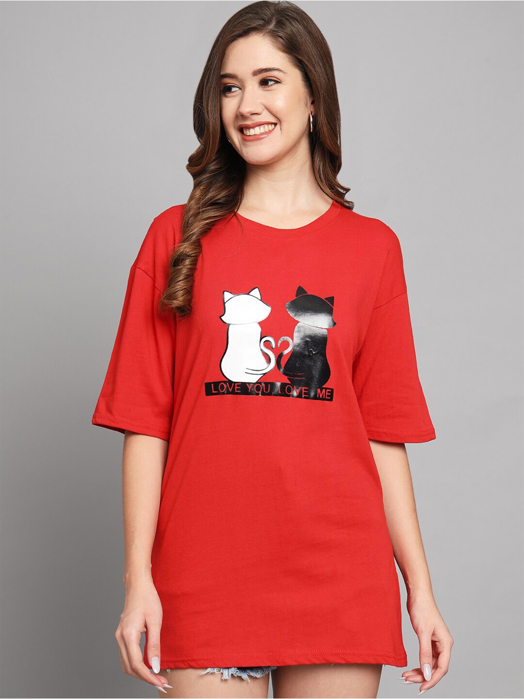 

Funday Fashion Graphic Printed Oversized Cotton T-shirt, Red