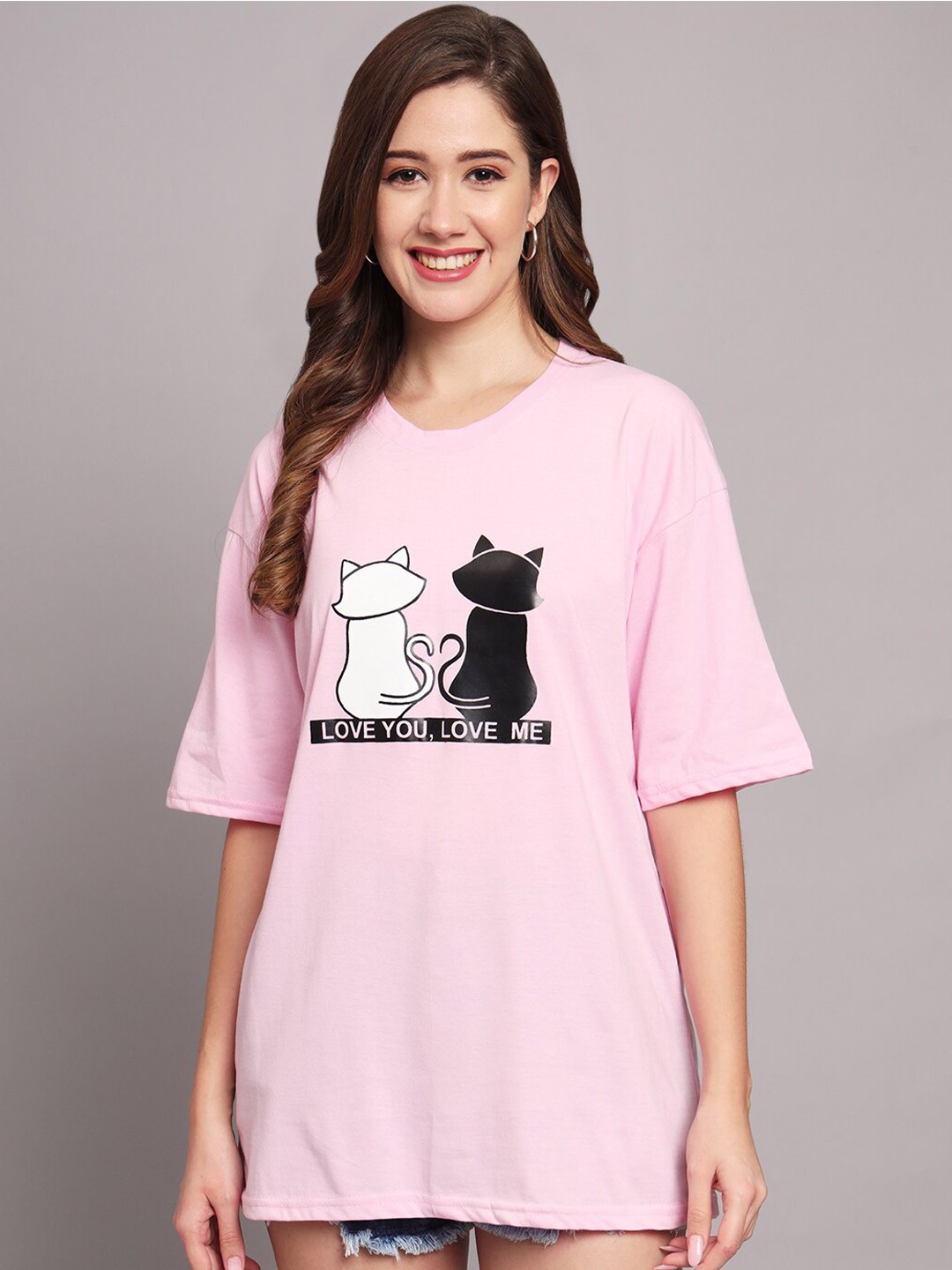 

Funday Fashion Graphic Printed Oversized Cotton T-shirt, Pink