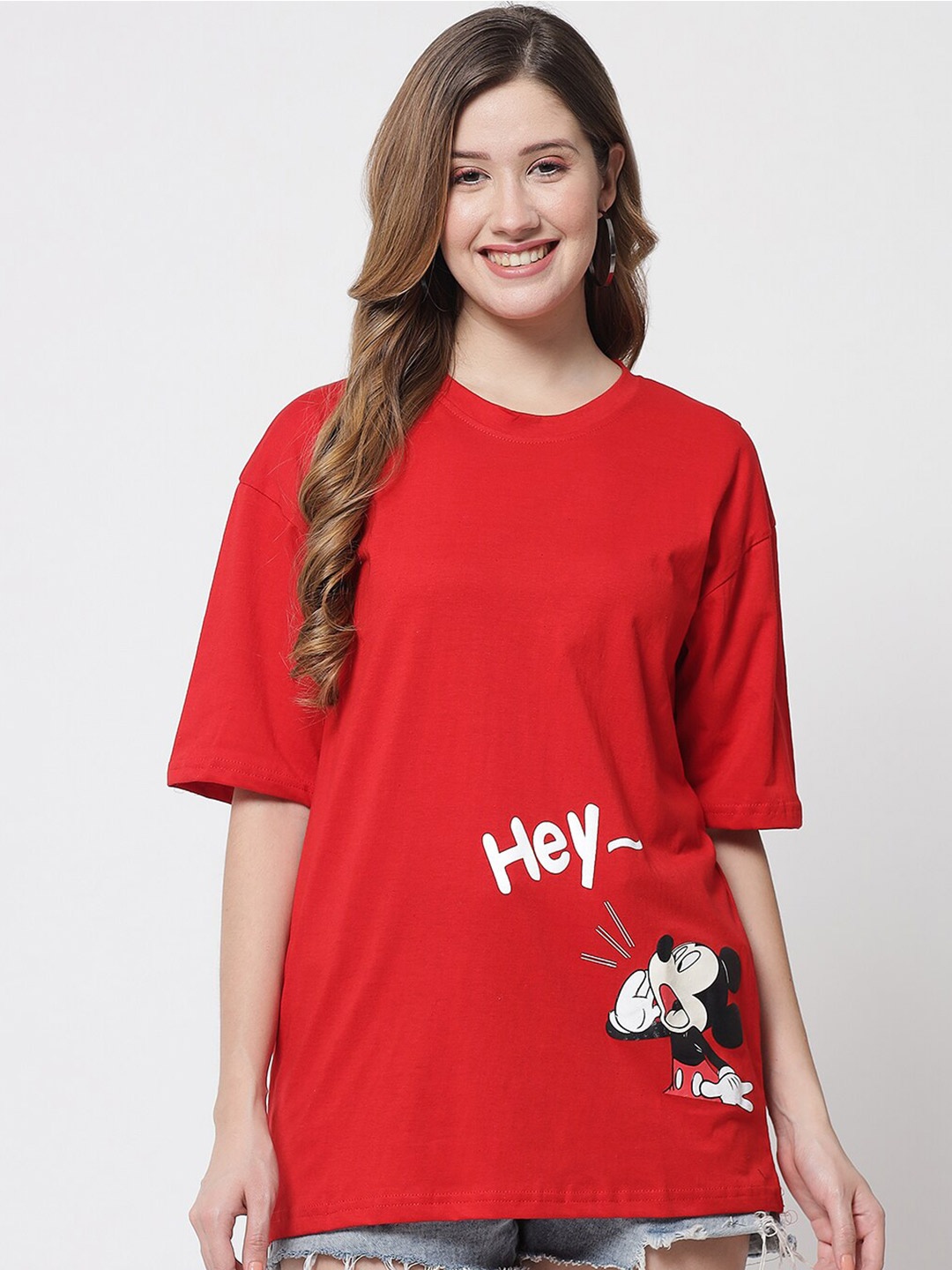 Funday Fashion Mickey Mouse Printed Oversized Cotton T-shirt, Red