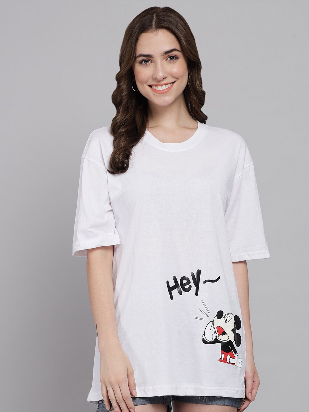 

Funday Fashion Mickey Mouse Printed Oversized Cotton T-shirt, White