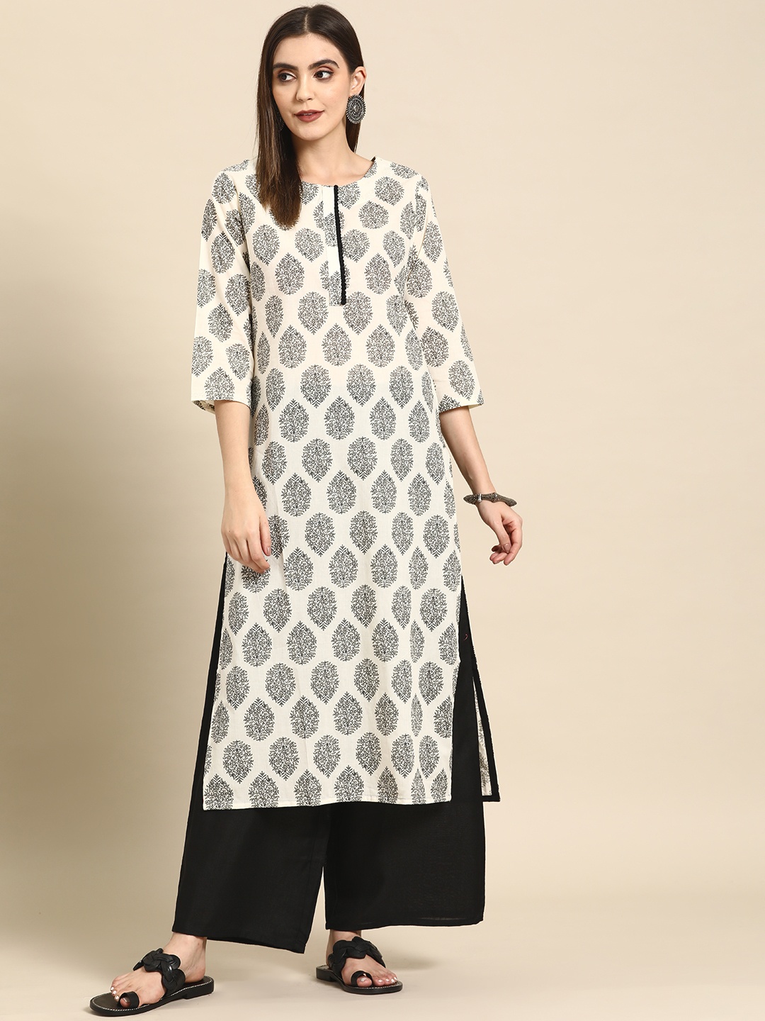 

Anouk Women Floral Printed Regular Pure Cotton Kurta with Palazzos, Off white