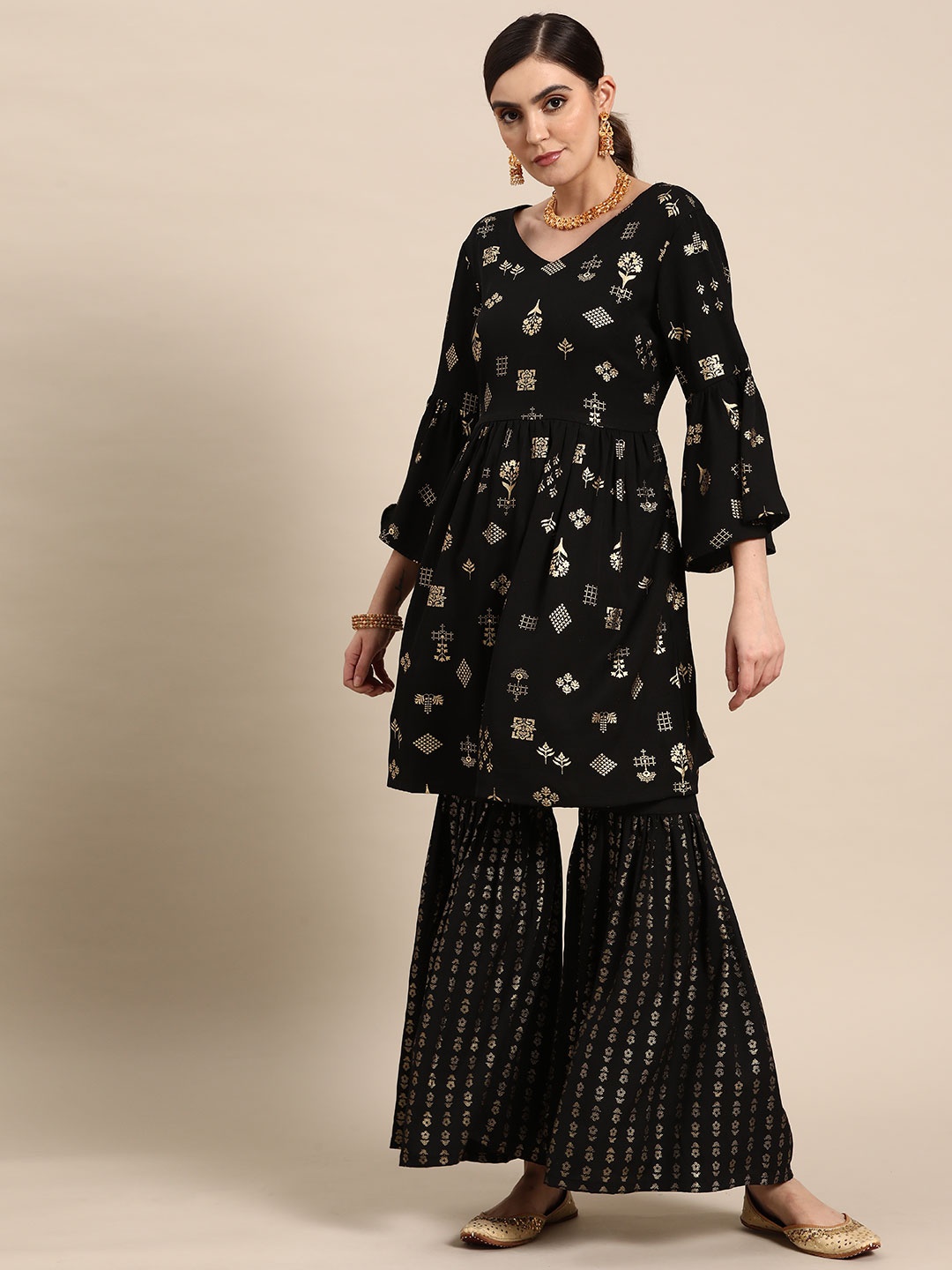 

Anouk Floral Foil Printed Kurta With Sharara, Black