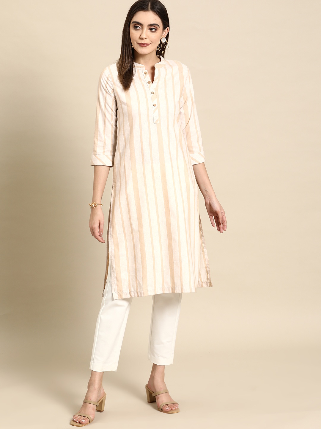 

Anouk Women Striped Cotton Kurta, Off white