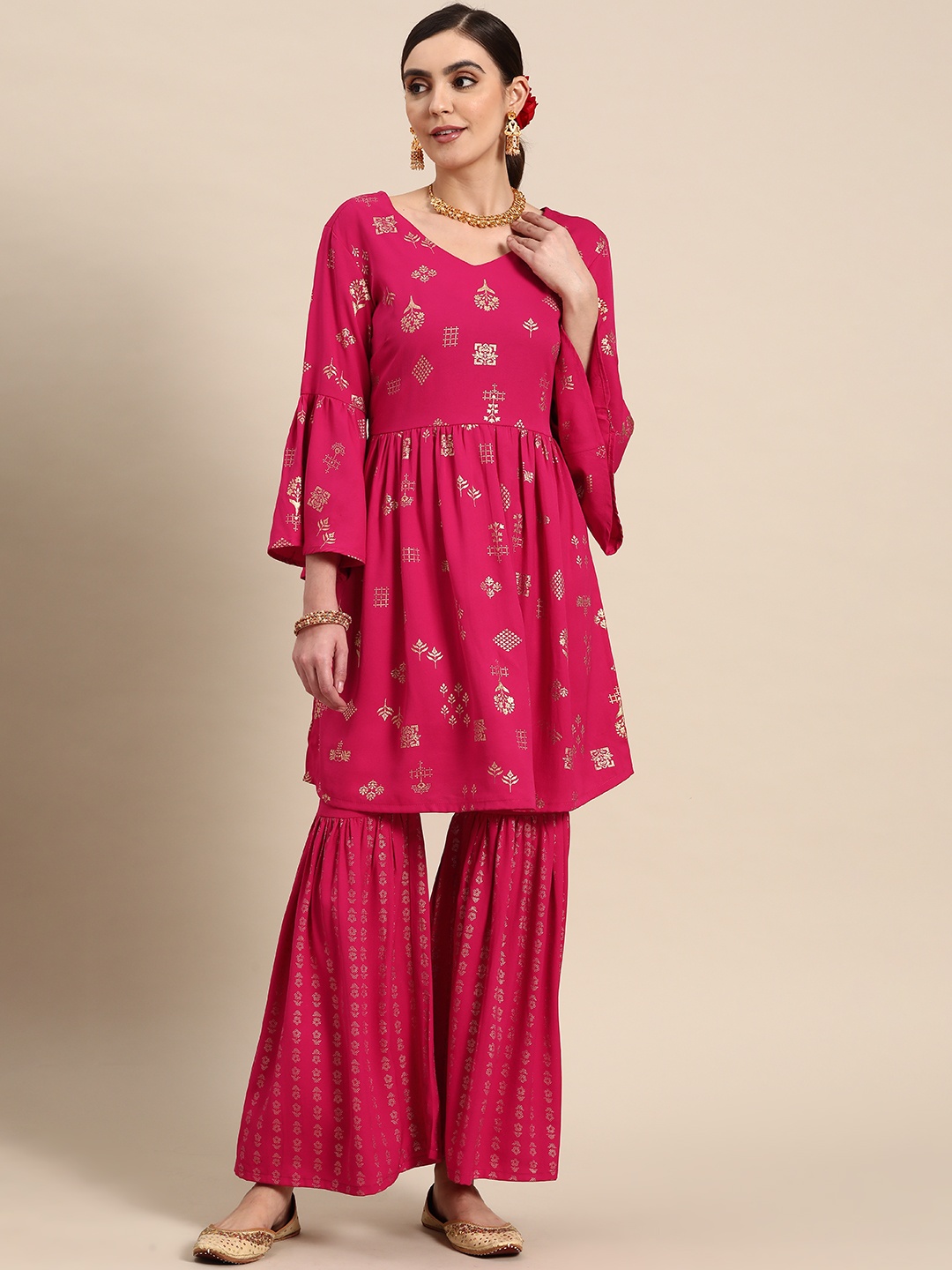 

Anouk Floral Foil Printed Regular Kurta With Sharara, Pink