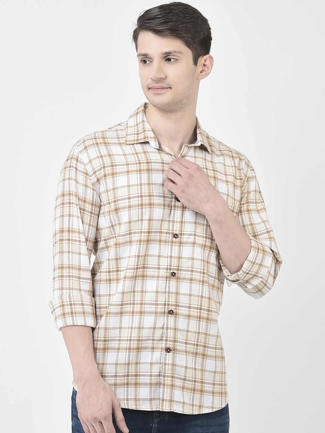 

Crimsoune Club Tartan Checked Pure Cotton Slim Fit Casual Shirt, Beige
