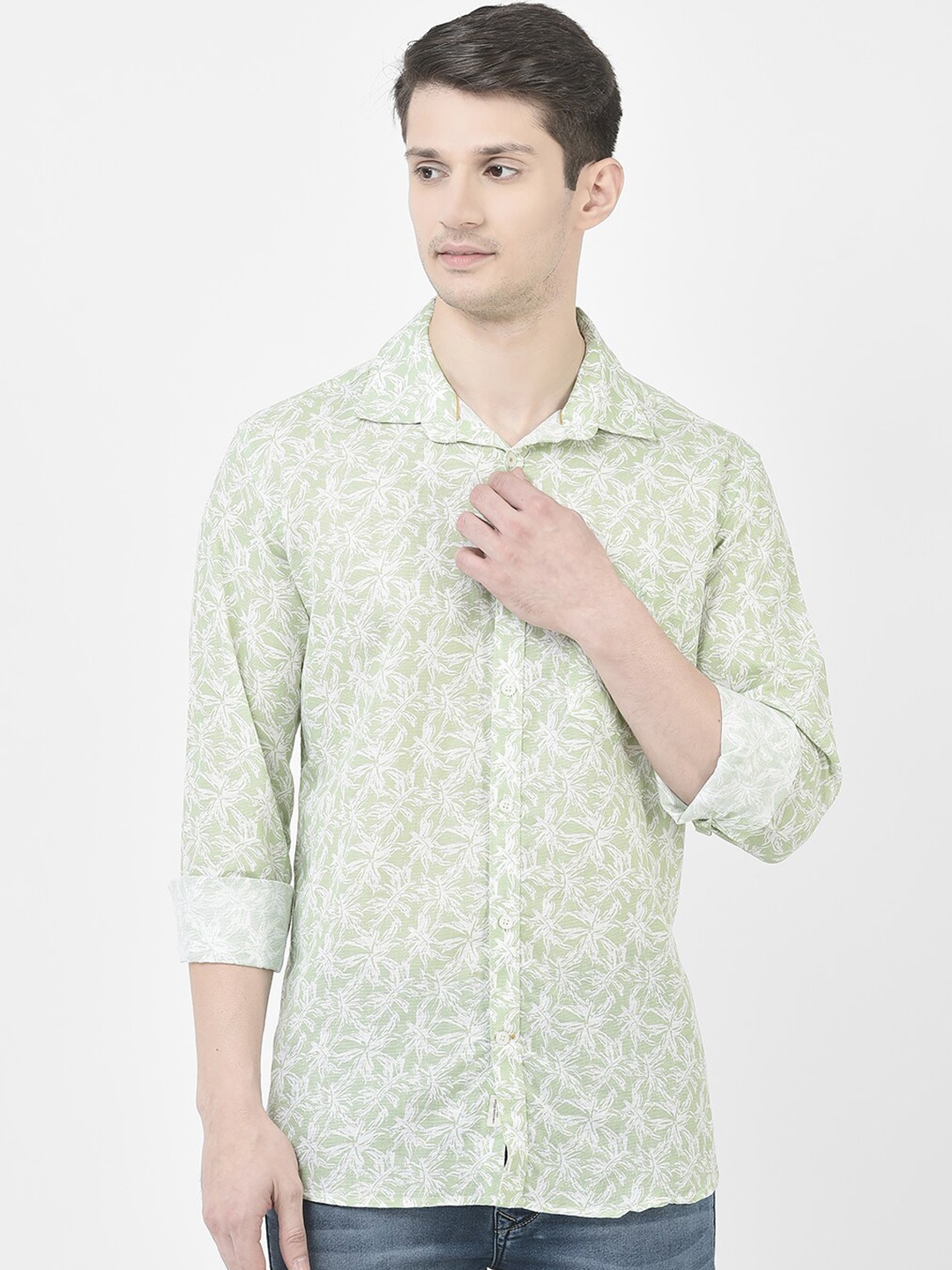 

Crimsoune Club Floral Printed Cotton Linen Slim Fit Casual Shirt, Green