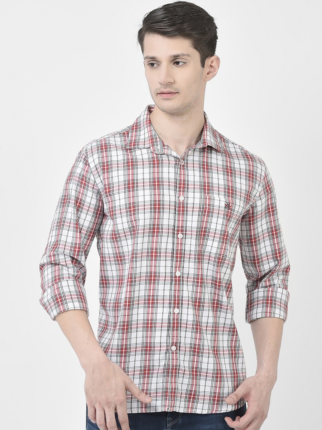 

Crimsoune Club Slim Fit Tartan Checks Pure Cotton Casual Shirt, Red