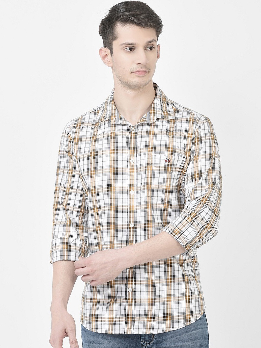 

Crimsoune Club Slim Fit Tartan Checks Pure Cotton Casual Shirt, Mustard