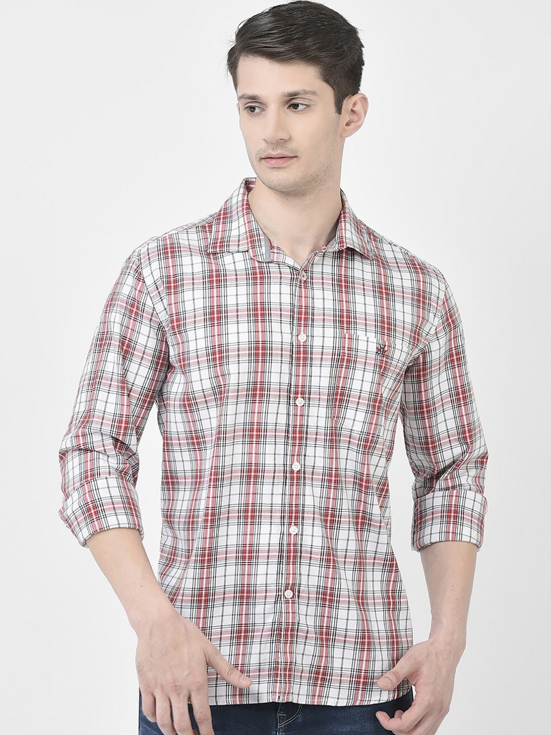 

Crimsoune Club Slim Fit Tartan Checks Pure Cotton Casual Shirt, Red