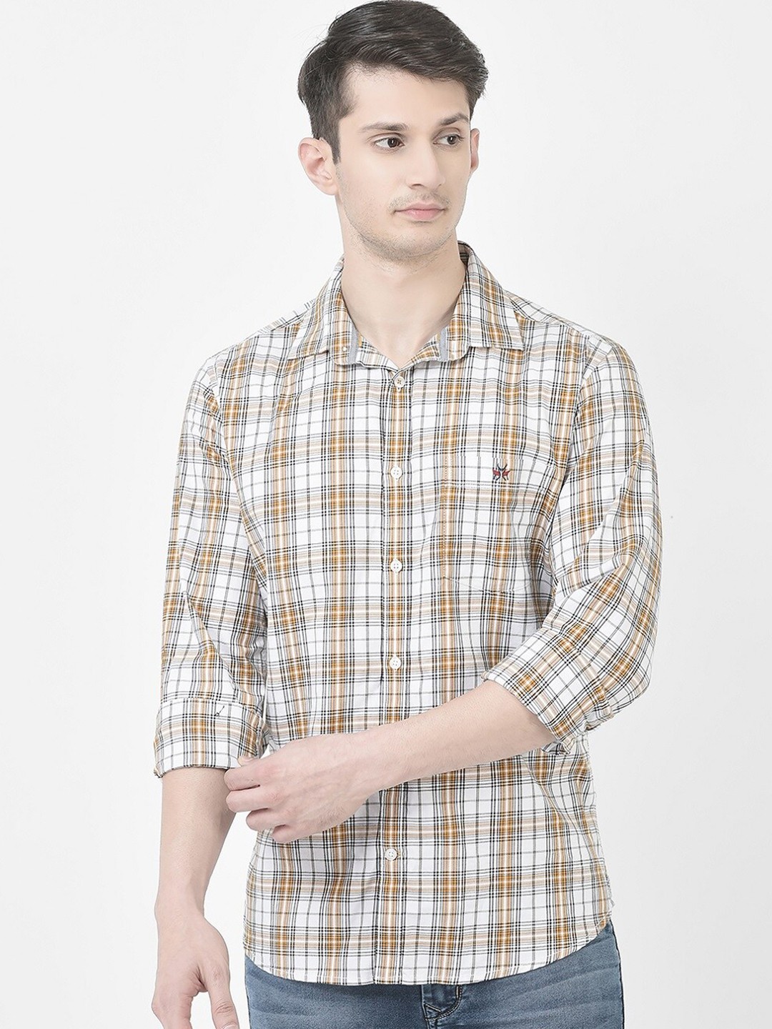 

Crimsoune Club Slim Fit Tartan Checks Pure Cotton Casual Shirt, Mustard
