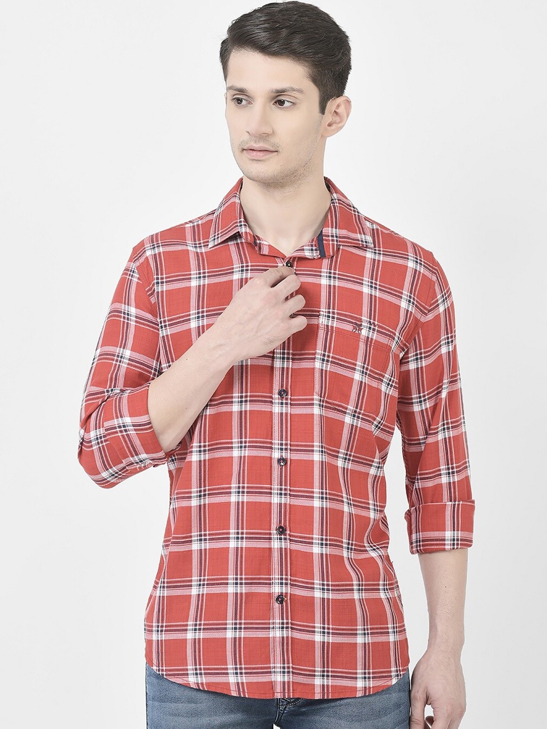 

Crimsoune Club Slim Fit Tartan Checks Casual Shirt, Red