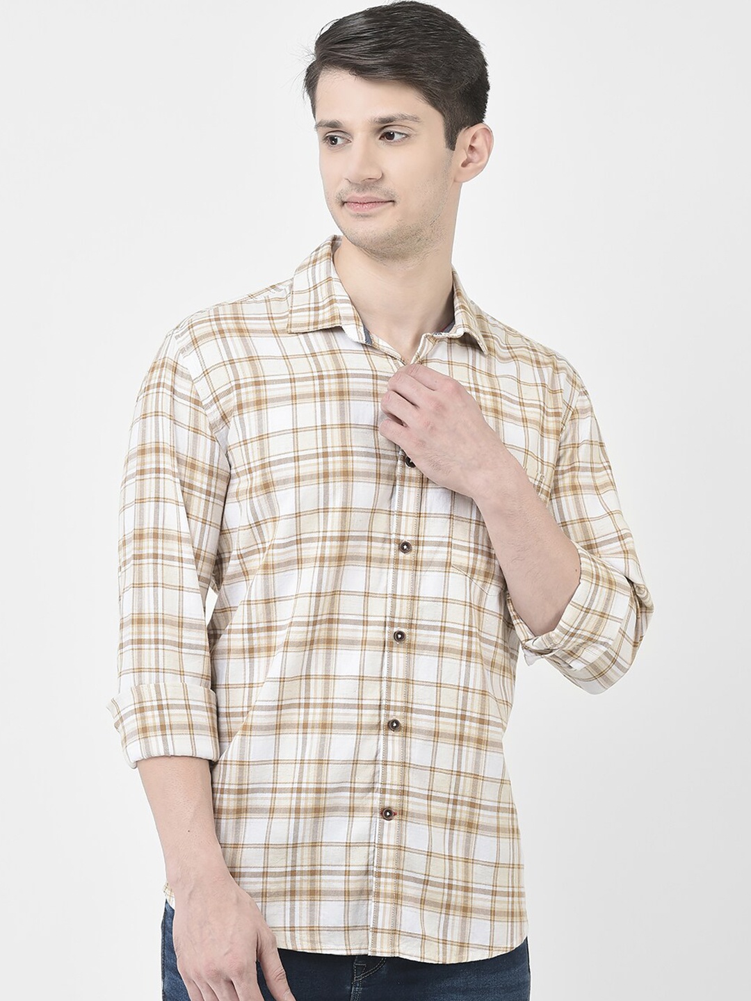 

Crimsoune Club Slim Fit Tartan Checks Pure Cotton Casual Shirt, Mustard