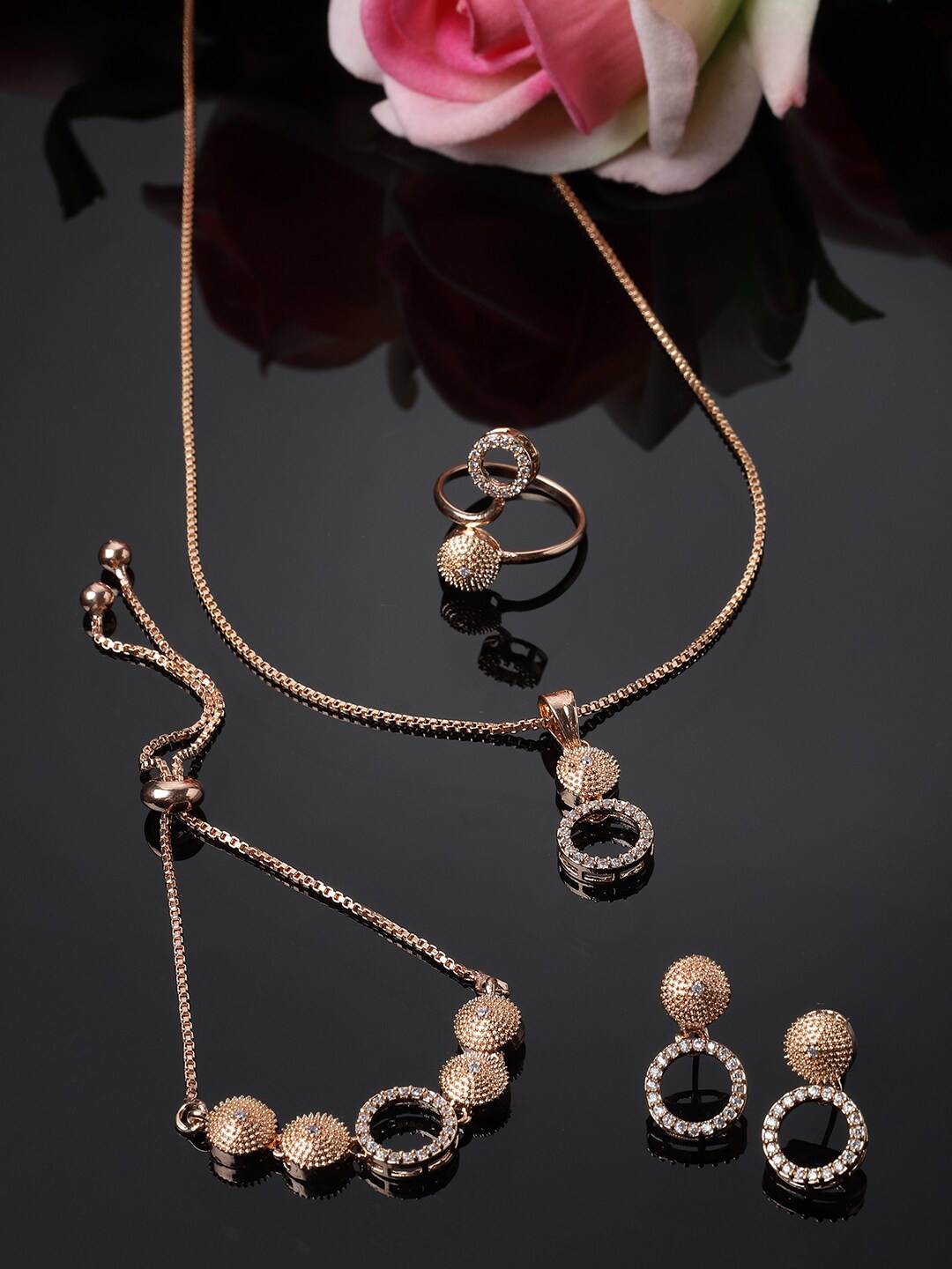 

ZENEME Rose Gold-Plated AD-Sudded Jewellery Set