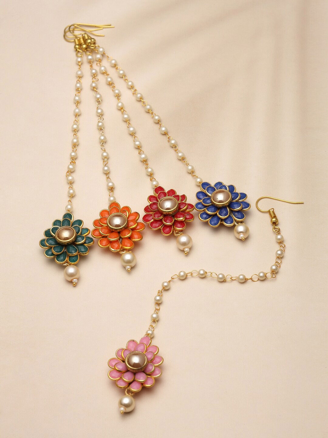 

ZENEME Set Of 5 Gold-Plated Stone-Studded & Beaded Maangtikka, Blue