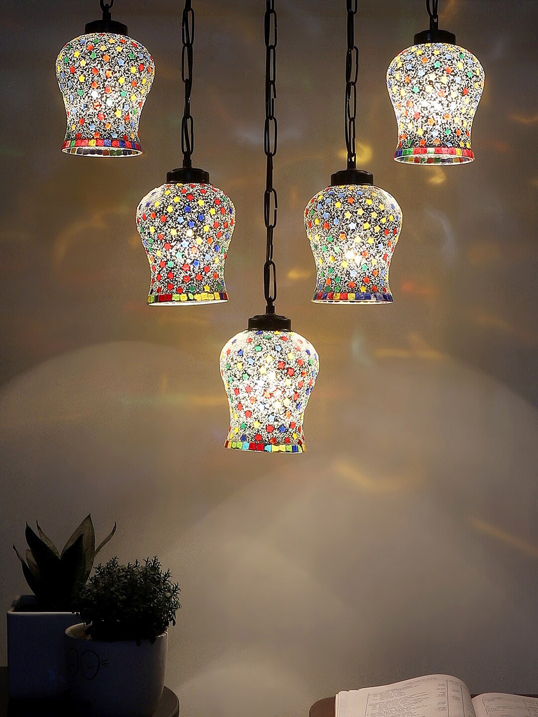 

Devansh White & Blue Textured Glass Quintuple Hanging Lamp