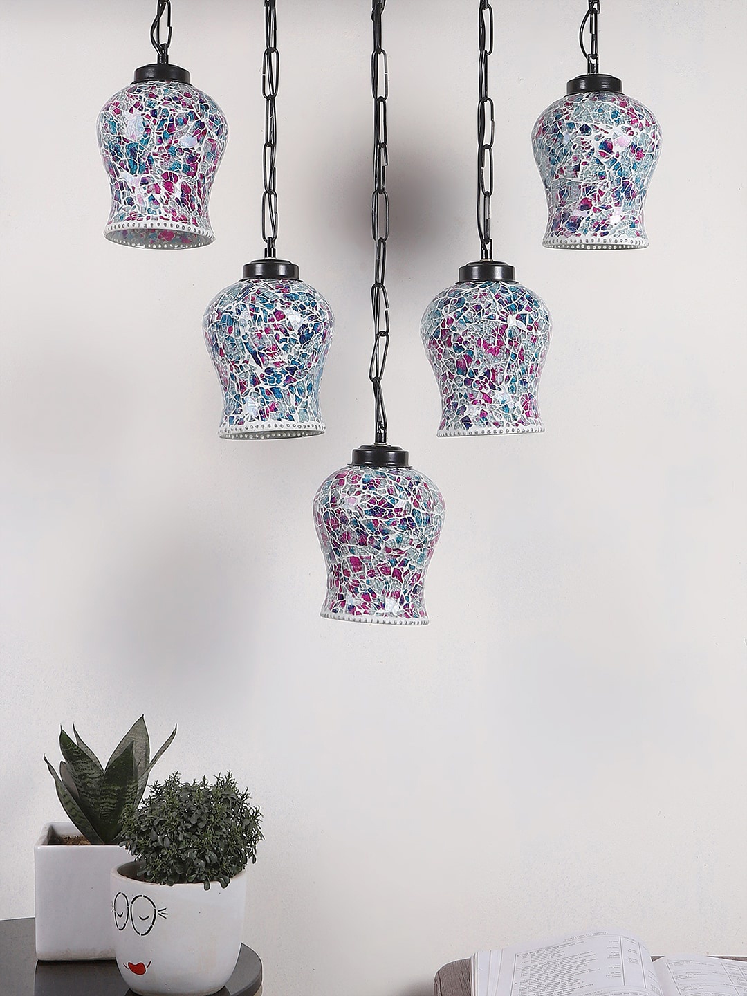 

Devansh White and Pink Textured Mosaic Glass Quintuple Hanging Lamp