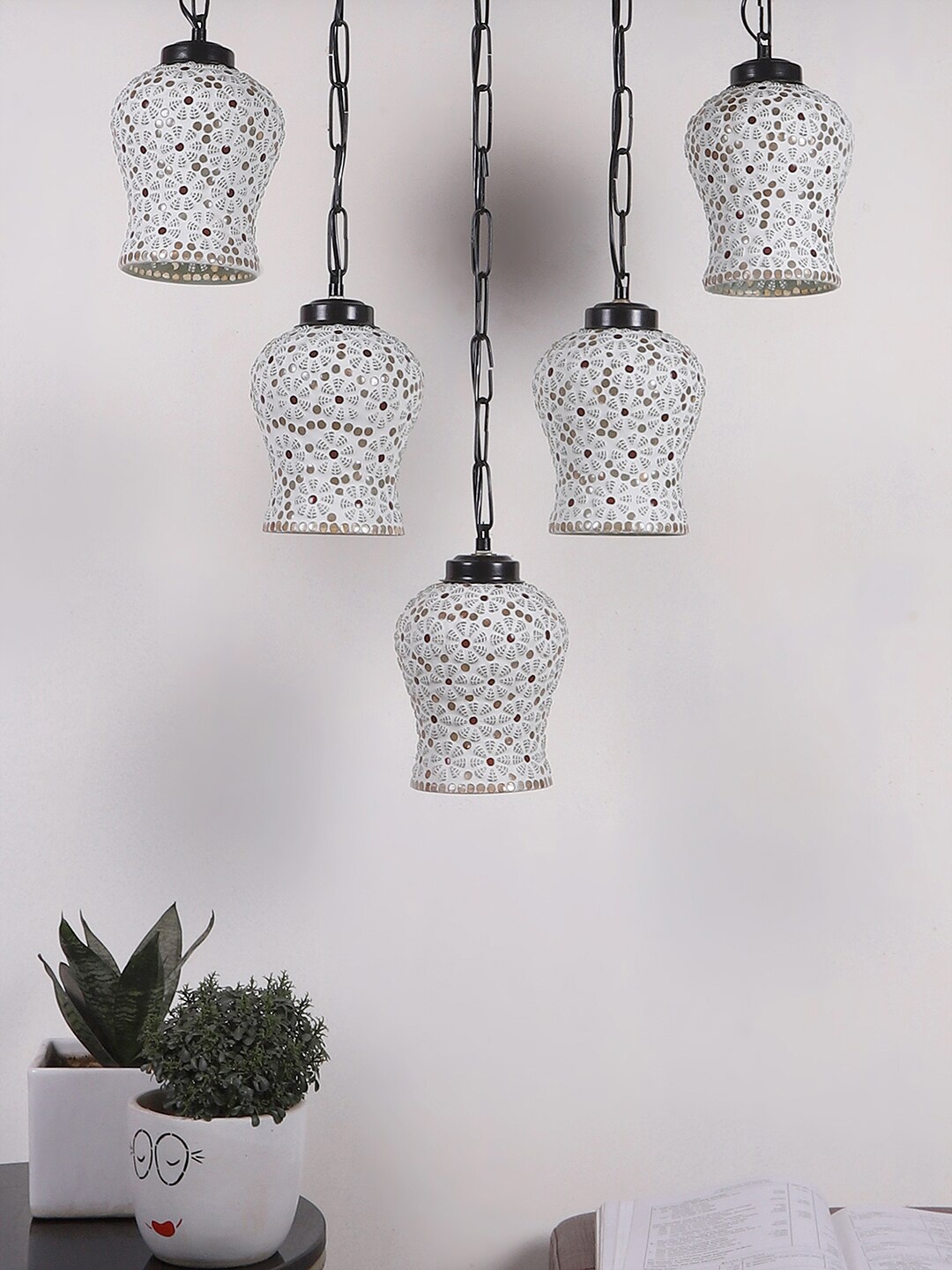 

Devansh White & Red Textured Glass Quintuple Hanging Lamp