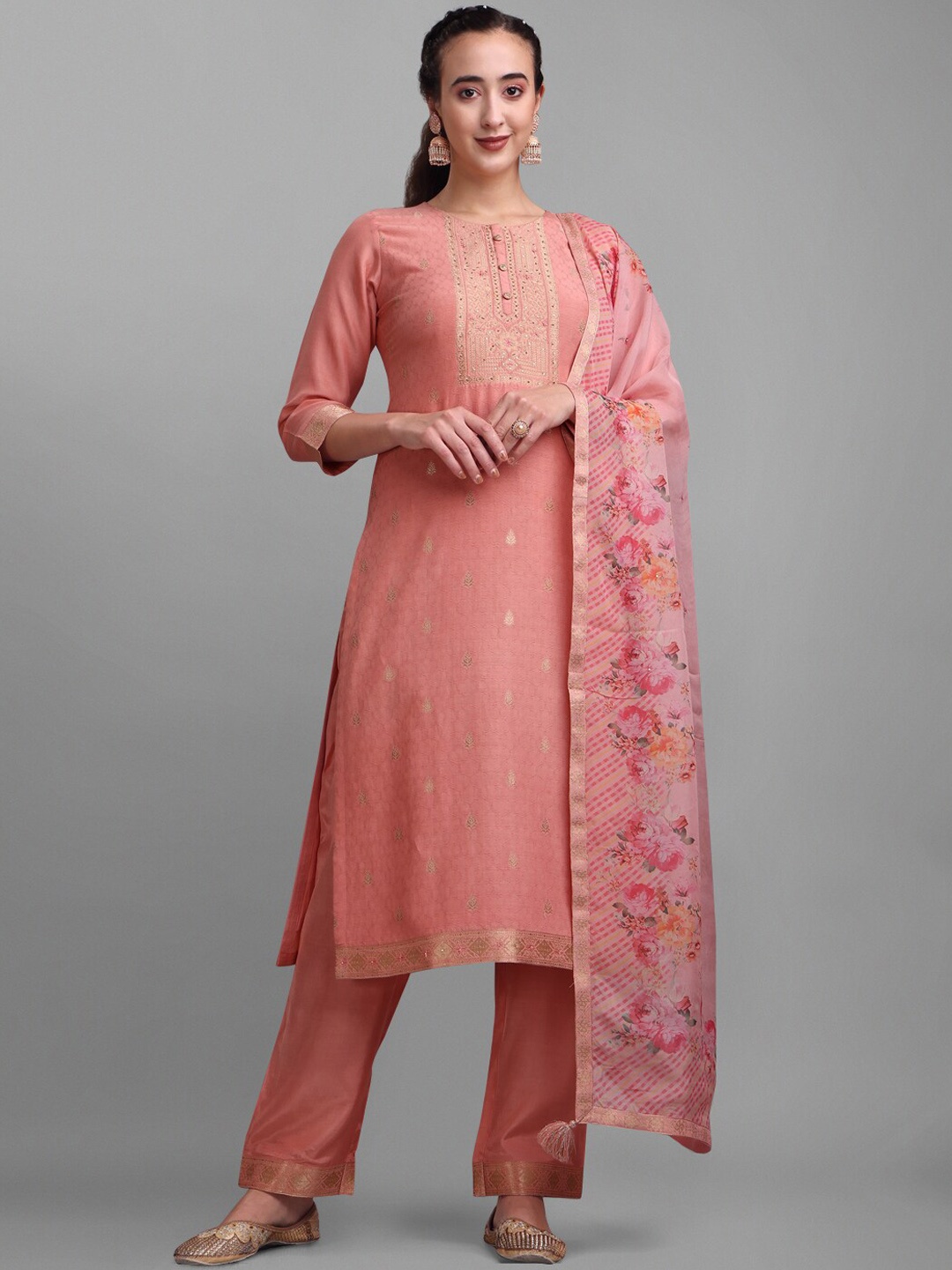 

Seerat Ethnic Motifs Woven Design Sequined Bead Work Kurta with Trousers & Dupatta, Peach