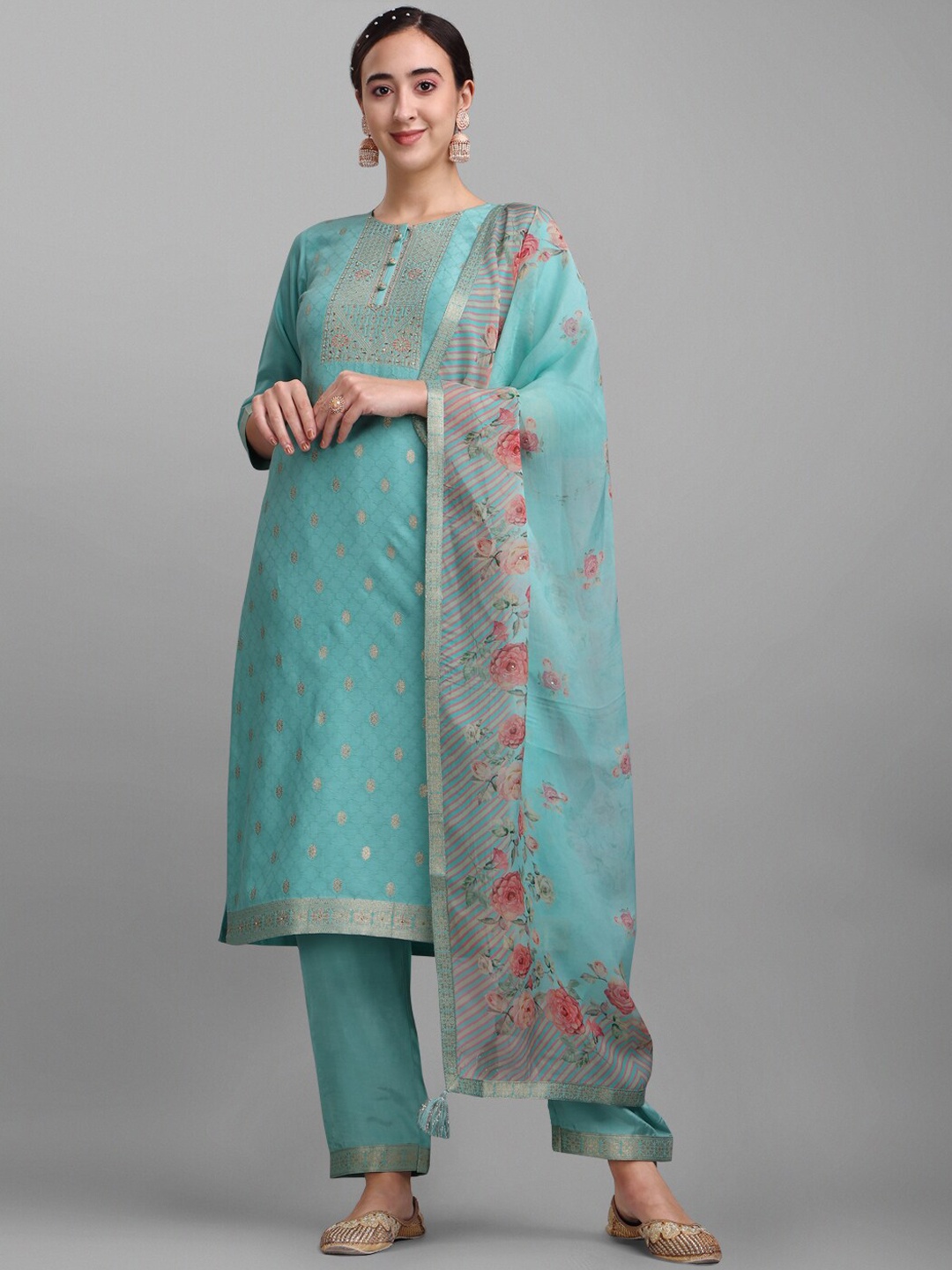 

Seerat Printed Jacquard Design Straight Kurta With Trouser And Dupatta, Turquoise blue