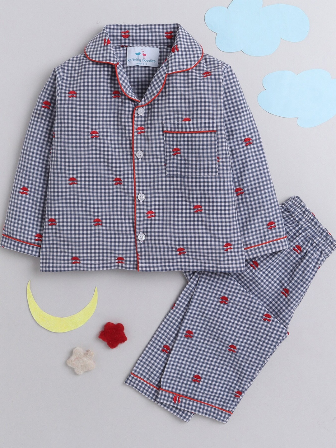 

Knitting Doodles Kids Checked Night Suit, Blue