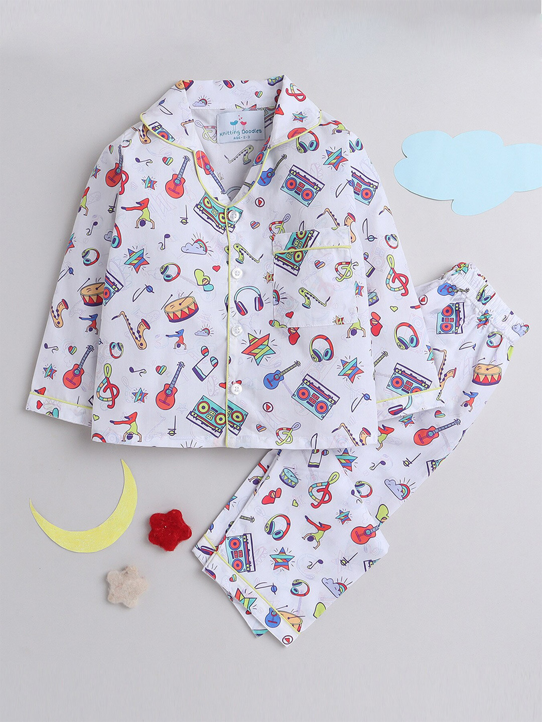 

Knitting Doodles Kids Conversational Printed Night Suit, White