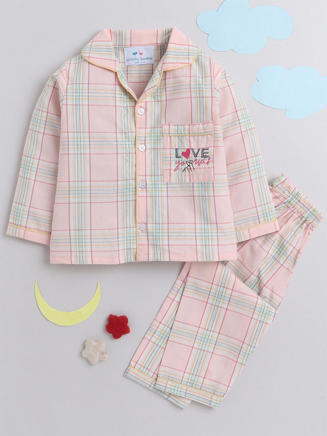 

Knitting Doodles Kids Checked Night Suit, Orange