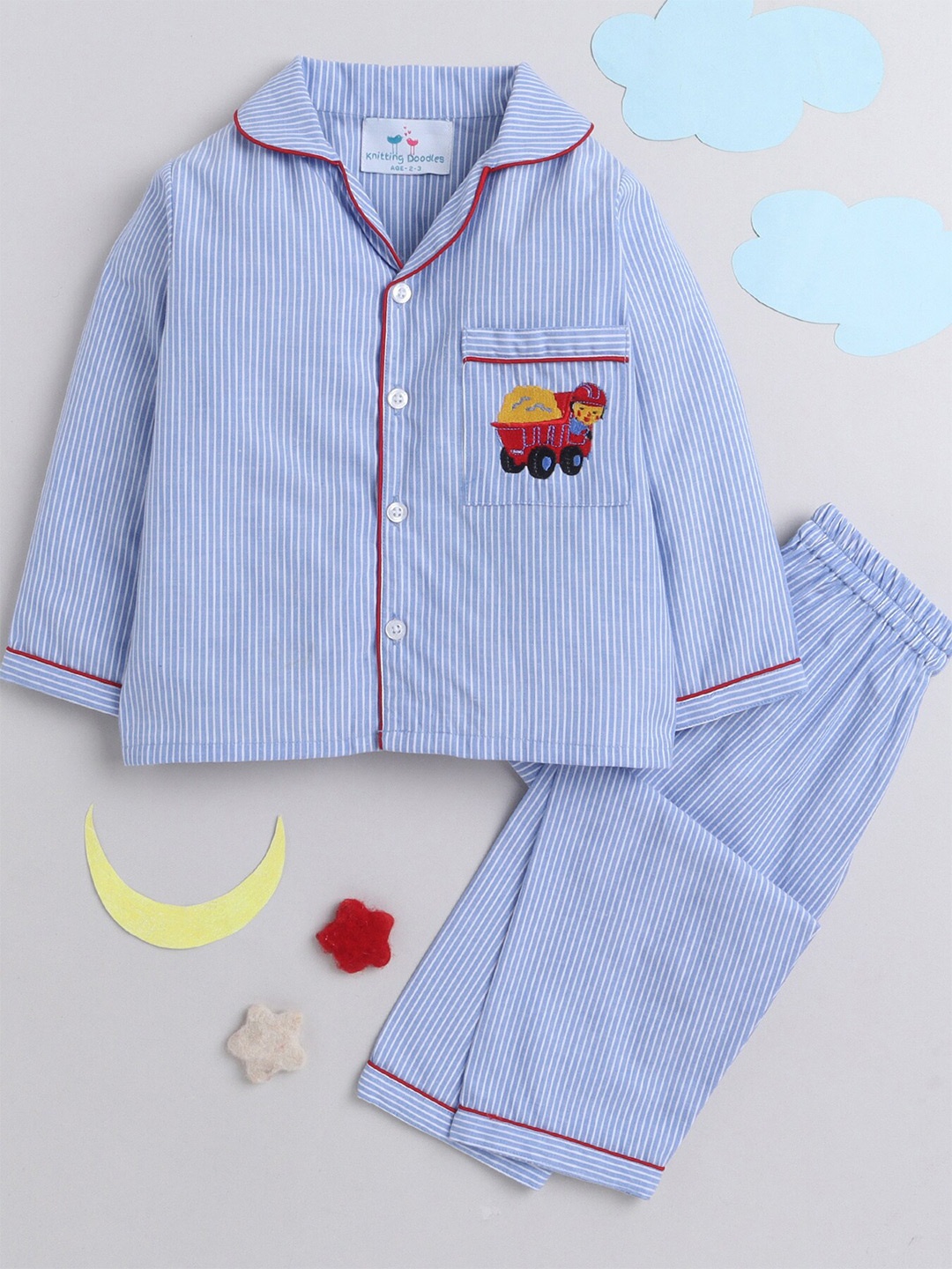 

Knitting Doodles Kids Striped Night Suit, Blue