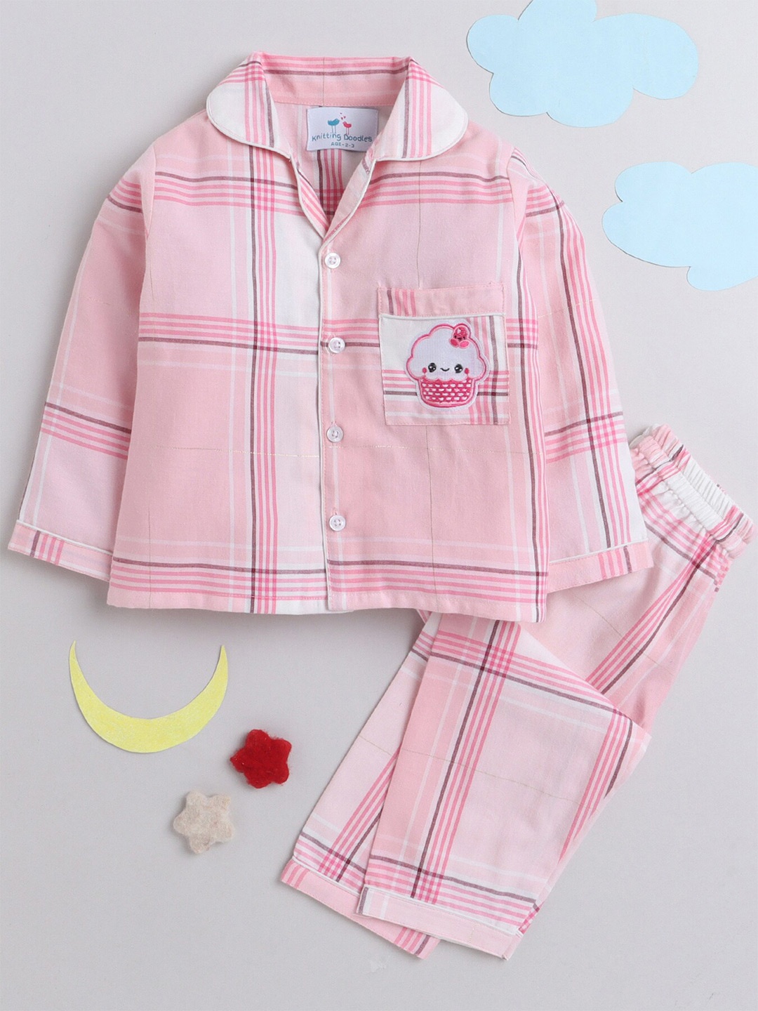 

Knitting Doodles Girls Checked Night Suit, Pink