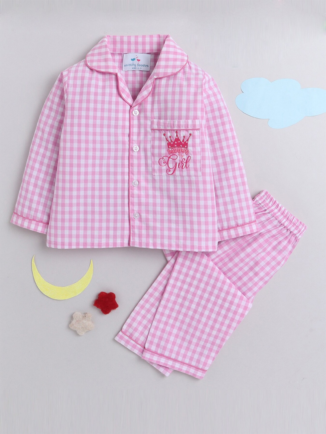 

Knitting Doodles Kids Checked Night Suit, Pink