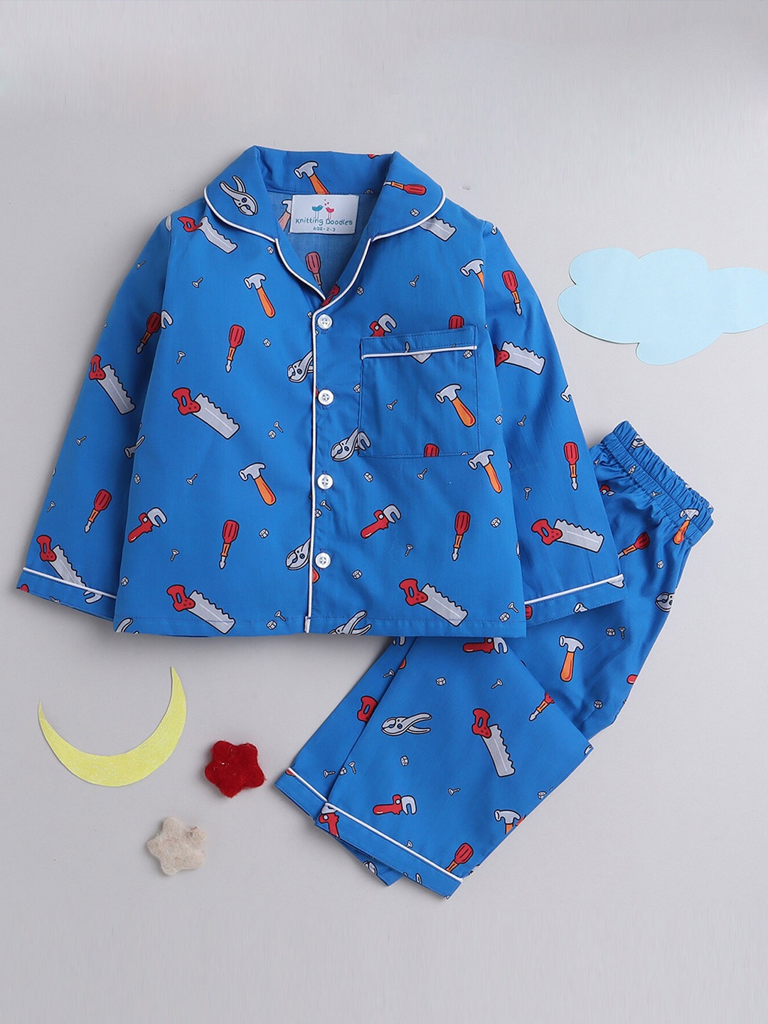 

Knitting Doodles Kids Printed Night Suit, Blue