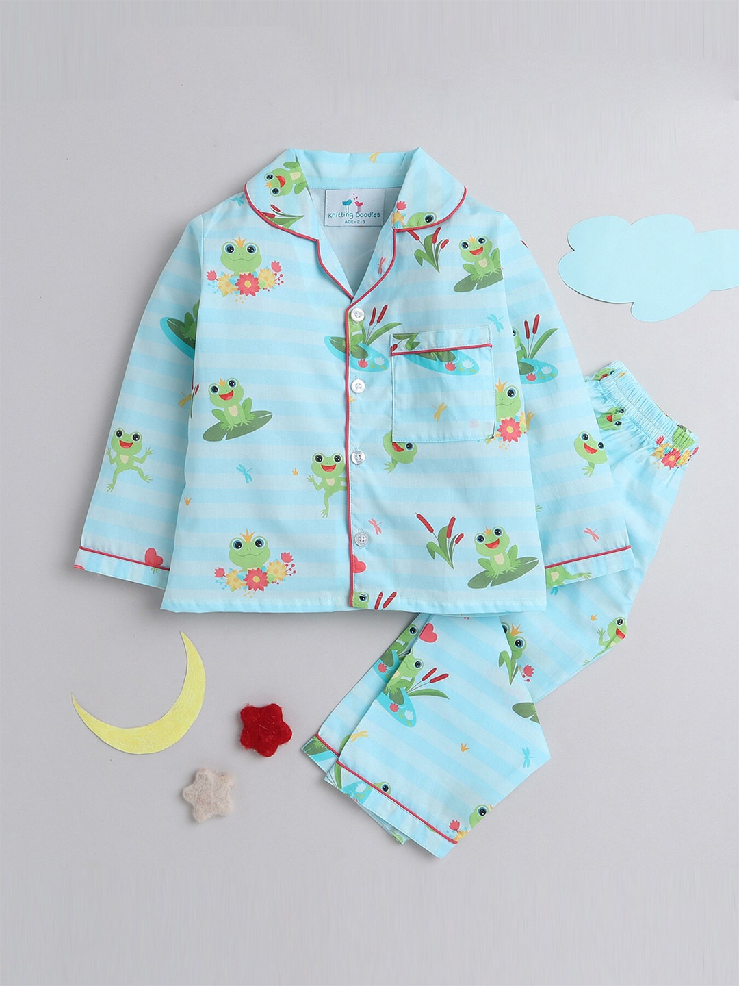 

Knitting Doodles Kids Conversational Printed Night Suit, Blue