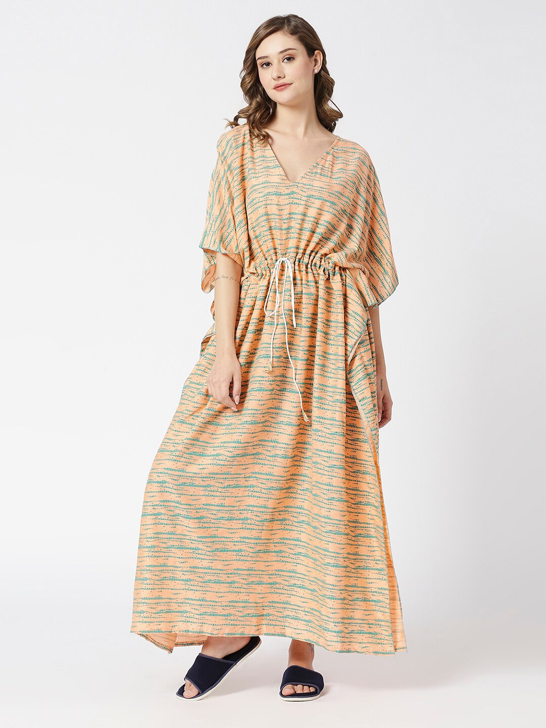 

Pretty Awesome Abstract Printed V-Neck Maxi Kaftan Nightdress, Orange