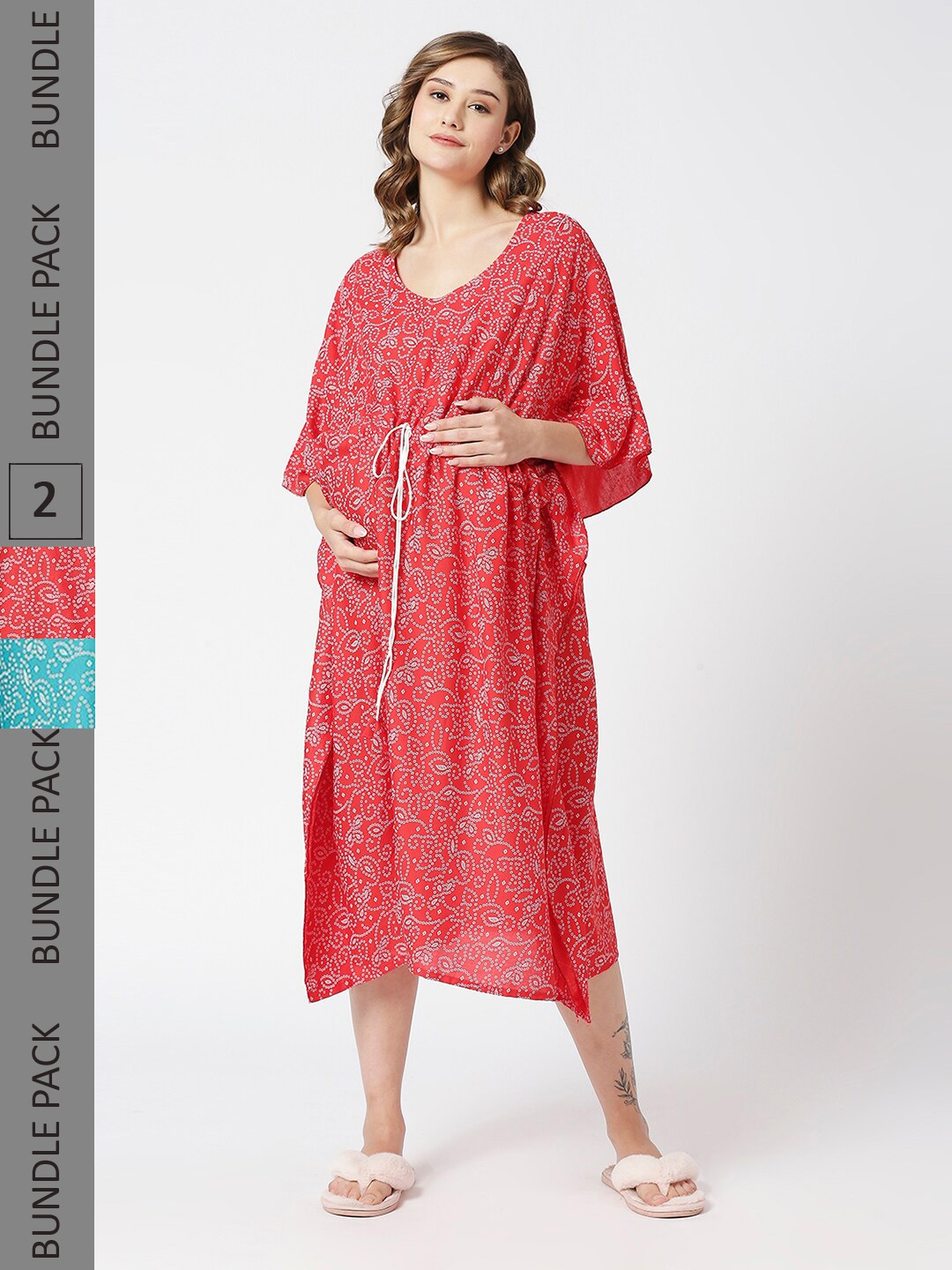 

Pretty Awesome Pack Of 2 Ethnic Motifs Printed Maternity Kaftan Nightdress, Green