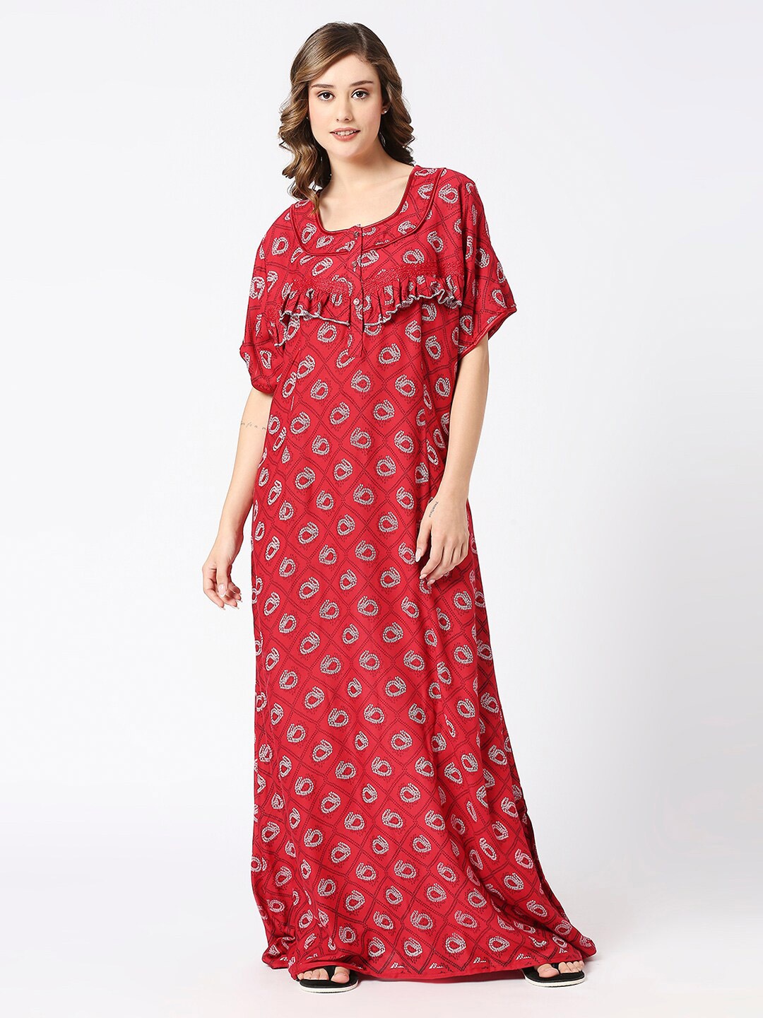 

Pretty Awesome Ethnic Motifs Printed Maxi Maternity Nightdress, Red